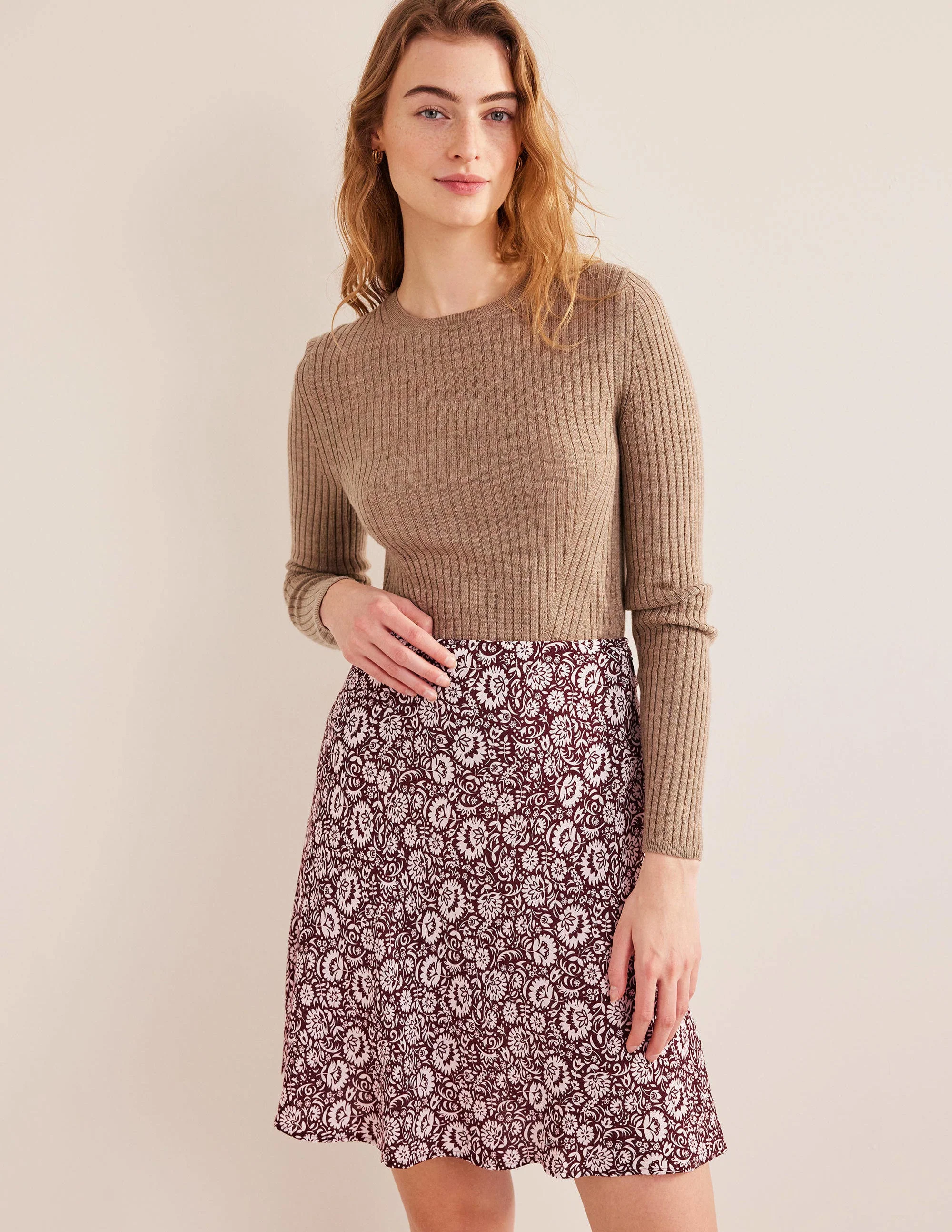 Bias Crepe Mini Skirt-Dark Burgundy, Bloom Cascade