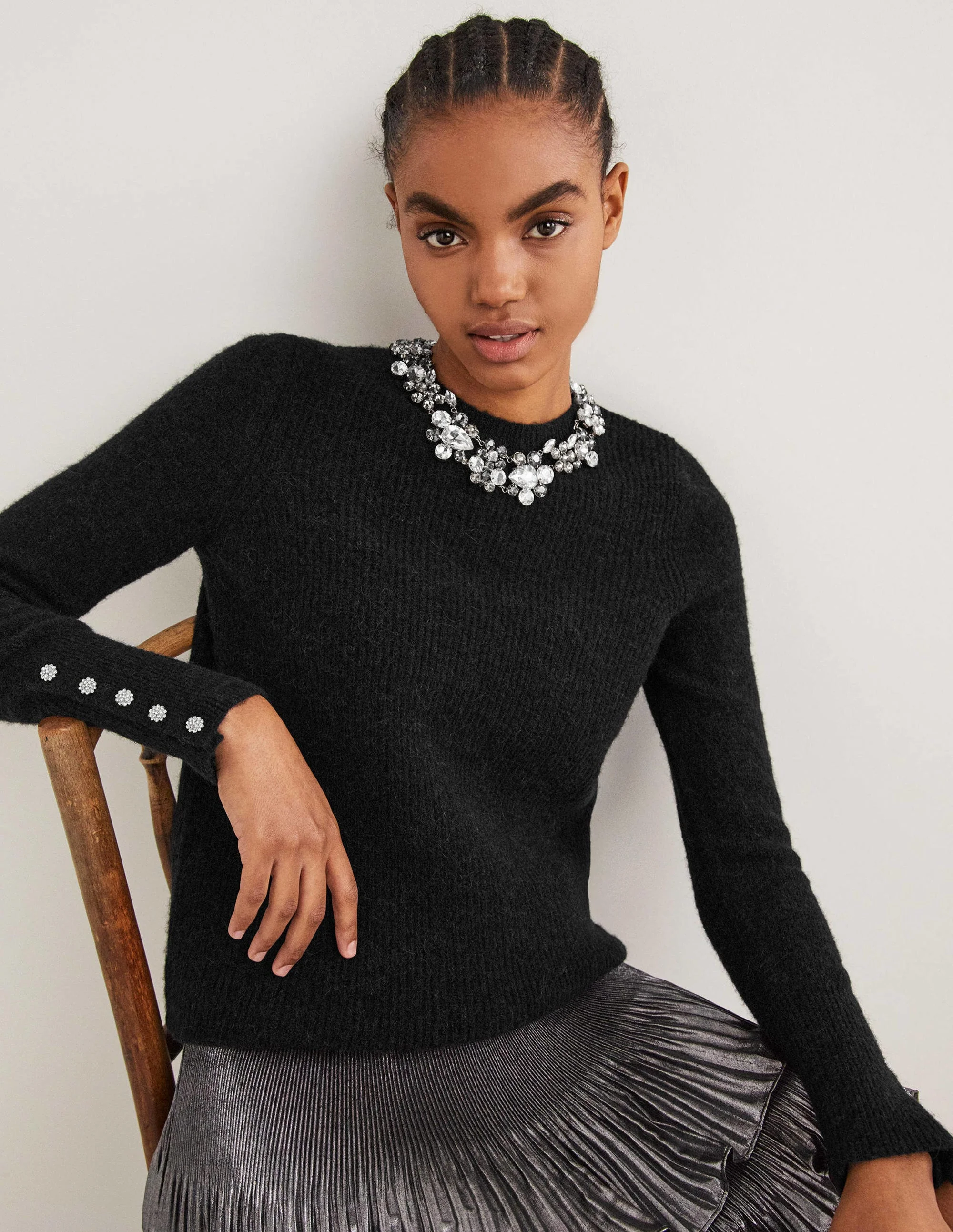 Black Jewel Button Fluffy Jumper-Black - Image 5