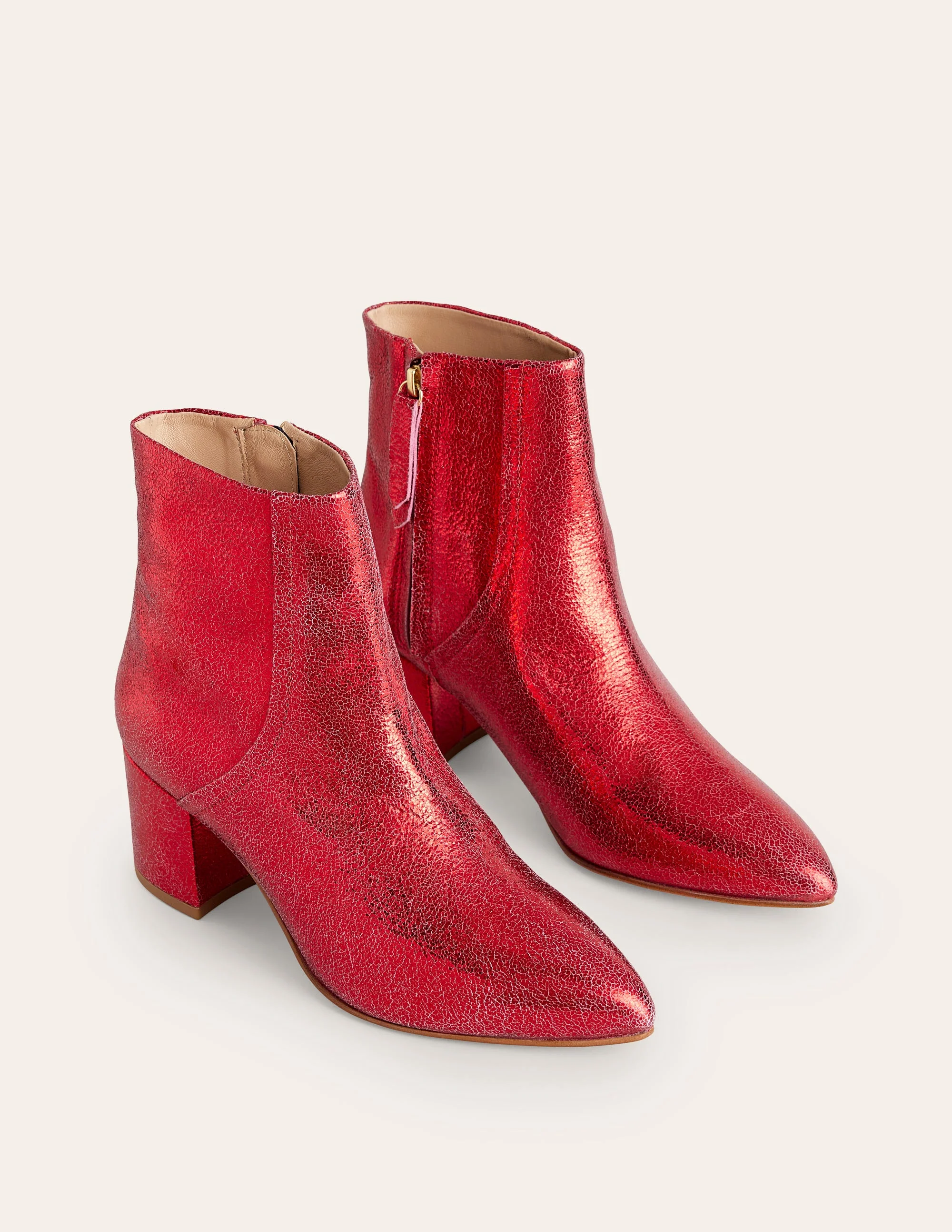 Block Heel Leather Ankle Boots-Red Metallic Leather - Image 3
