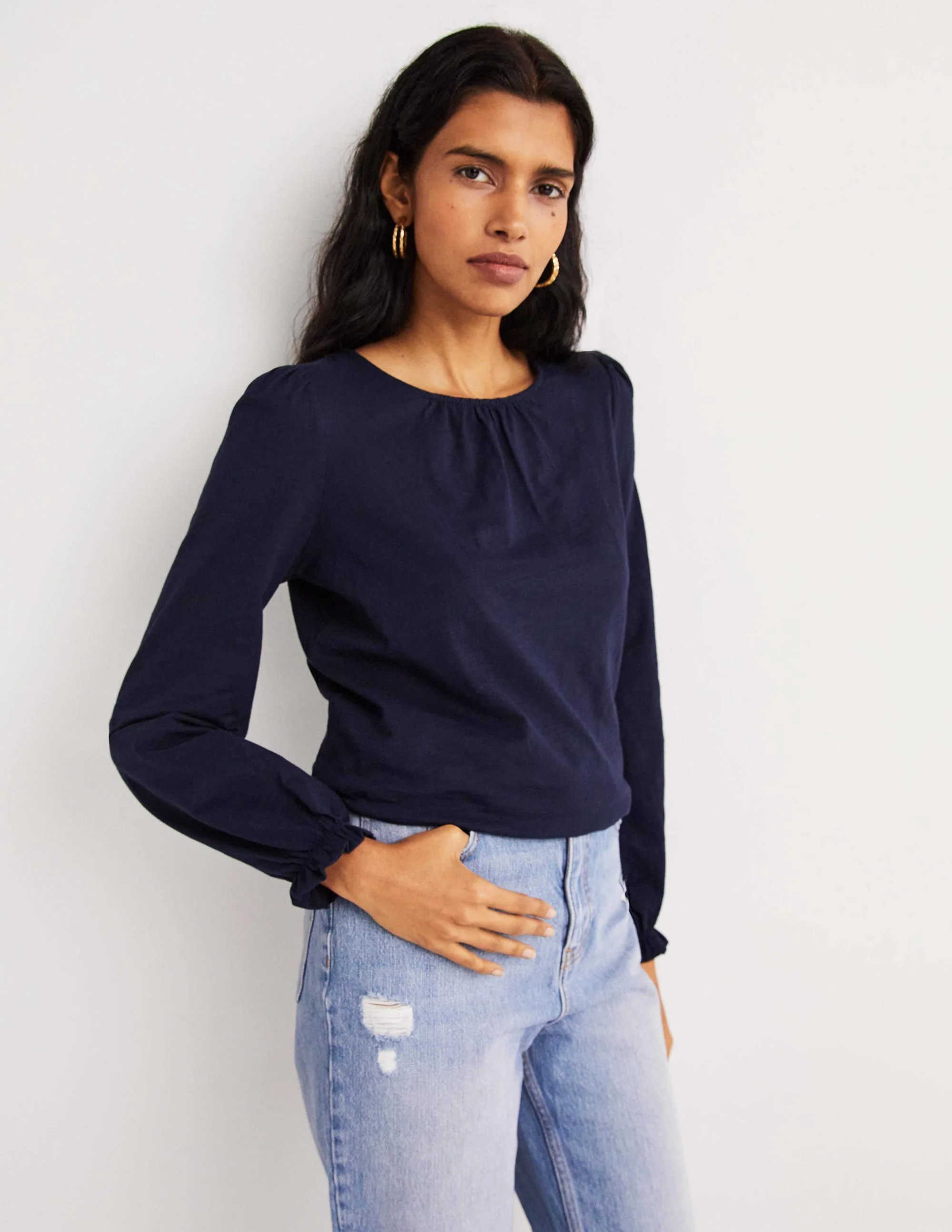 Blouson Cotton Crew Neck Top-Navy - Image 4
