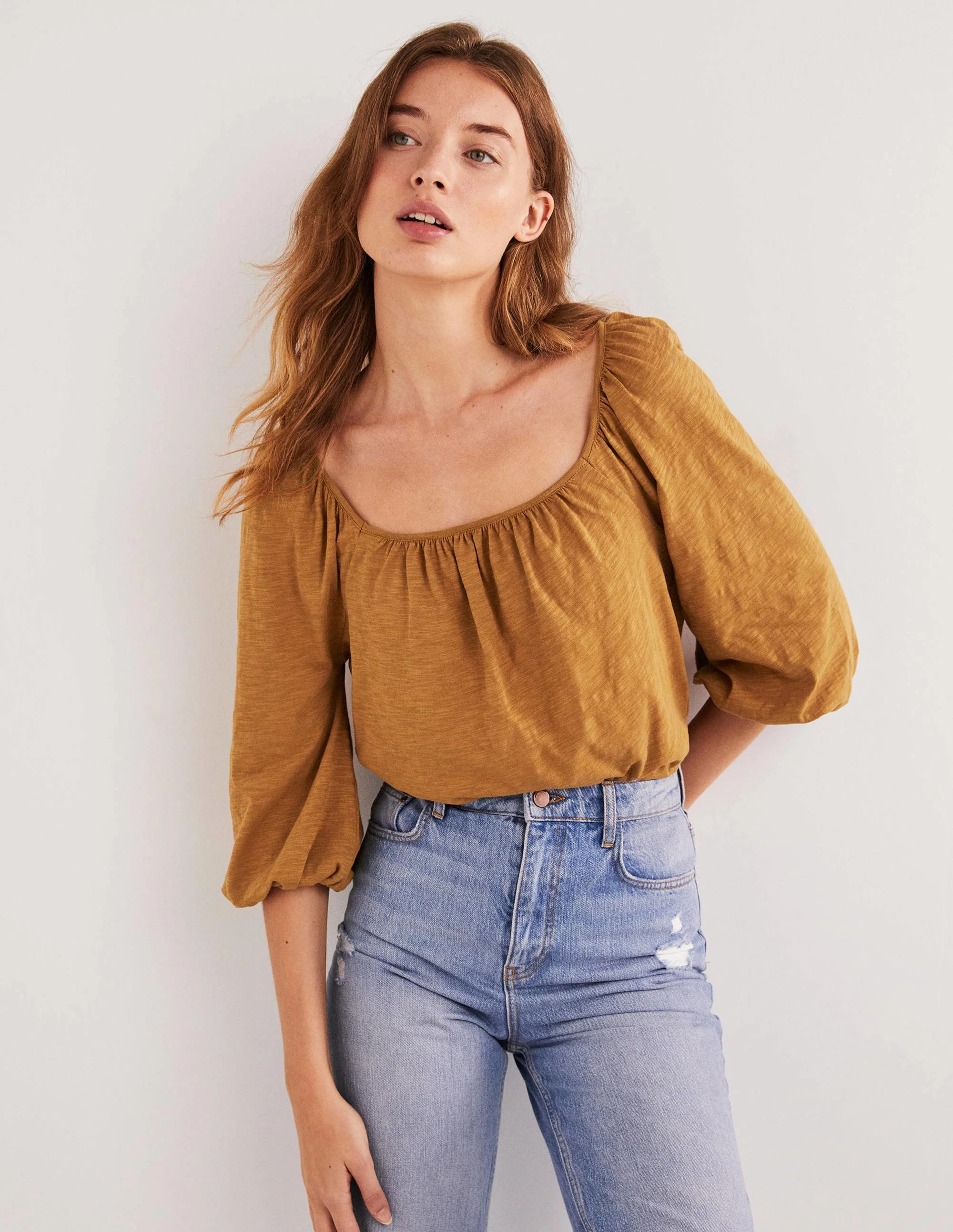 Blouson Sleeve Cotton Top-Butterscotch Brown - Image 4