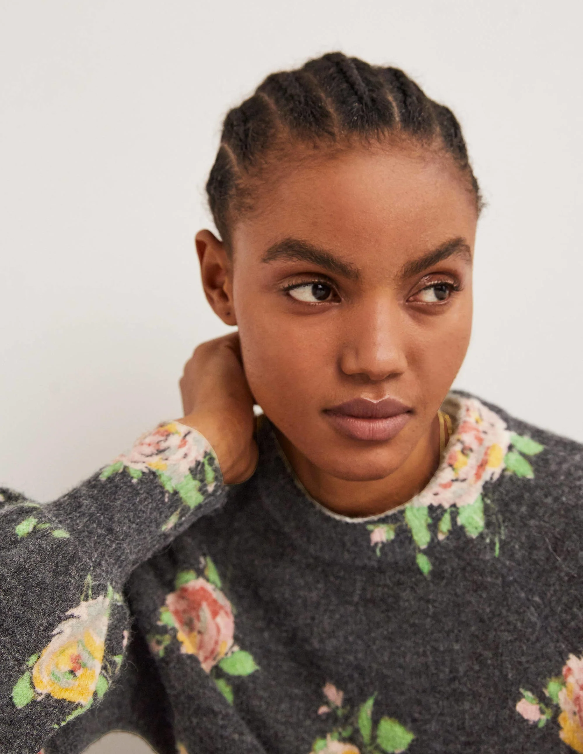 Blouson Sleeve Fluffy Jumper-Black, Painterly Rose - Image 2