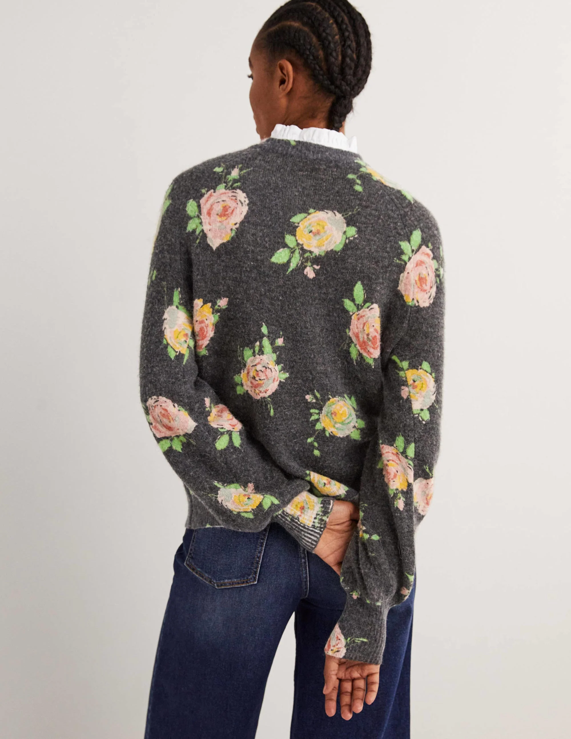 Blouson Sleeve Fluffy Jumper-Black, Painterly Rose - Image 3