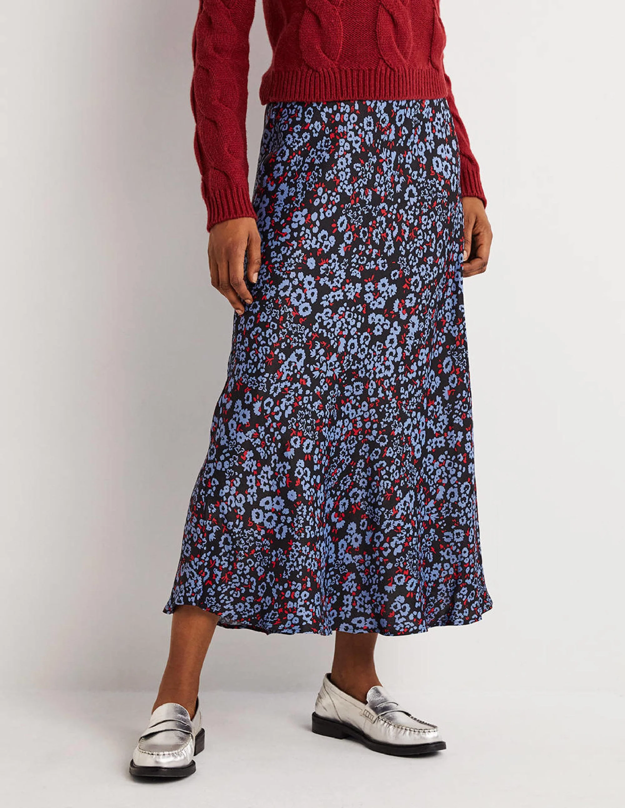 Blue Floral Satin Bias-Cut Midi Skirt-Riviera Blue, Botanic Glaze - Image 4