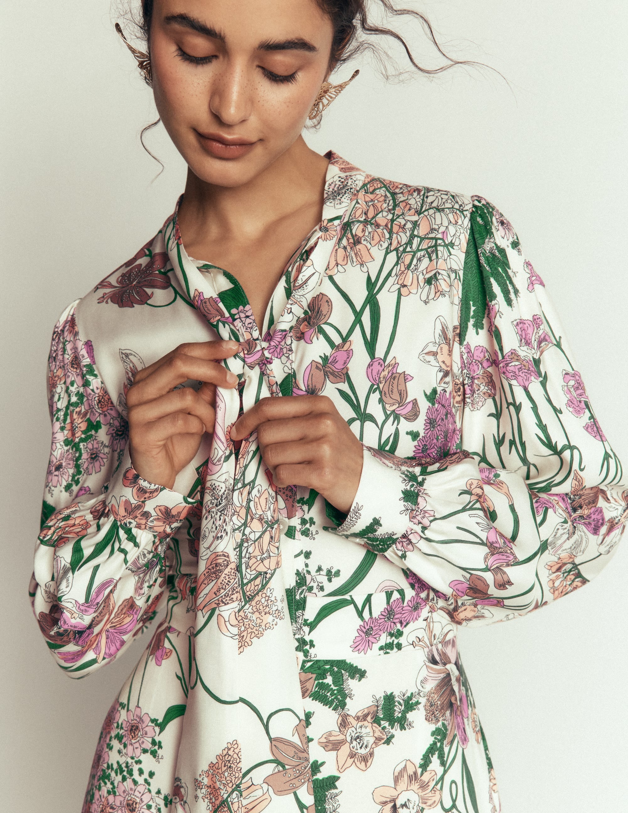 Bow Detail Shirt Dress-Ivory, Whimsical Flora - Image 3