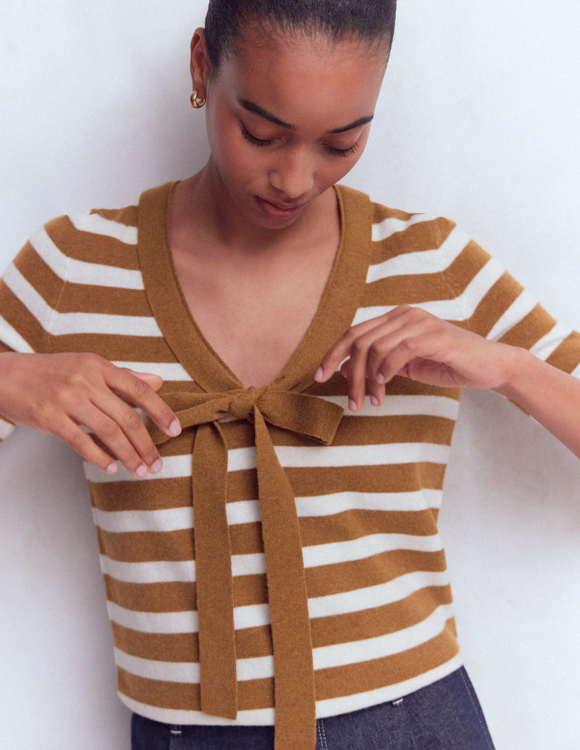 Bow Neck Knitted T-shirt-Gingerbread, Ivory Stripe - Image 5