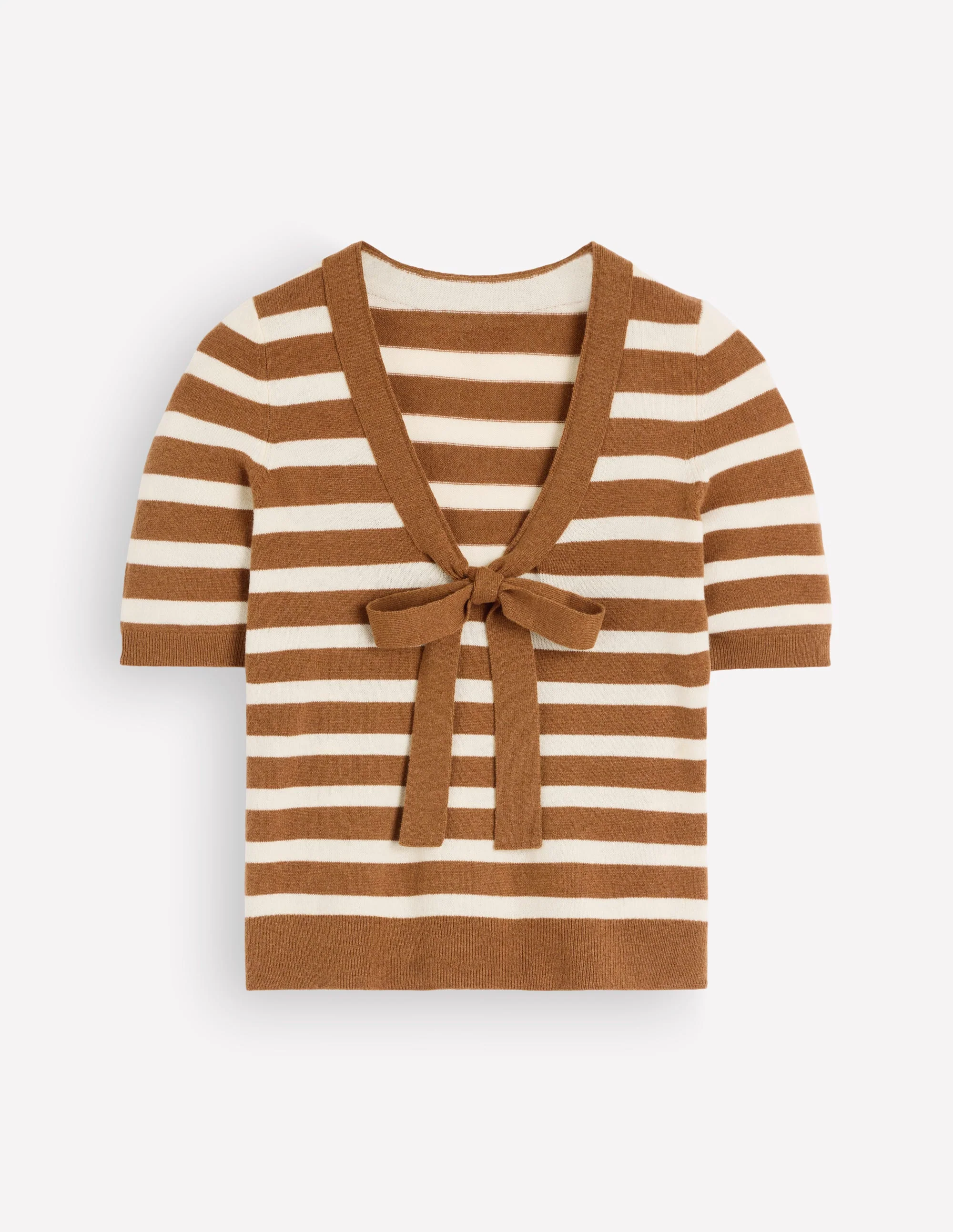 Bow Neck Knitted T-shirt-Gingerbread, Ivory Stripe - Image 6