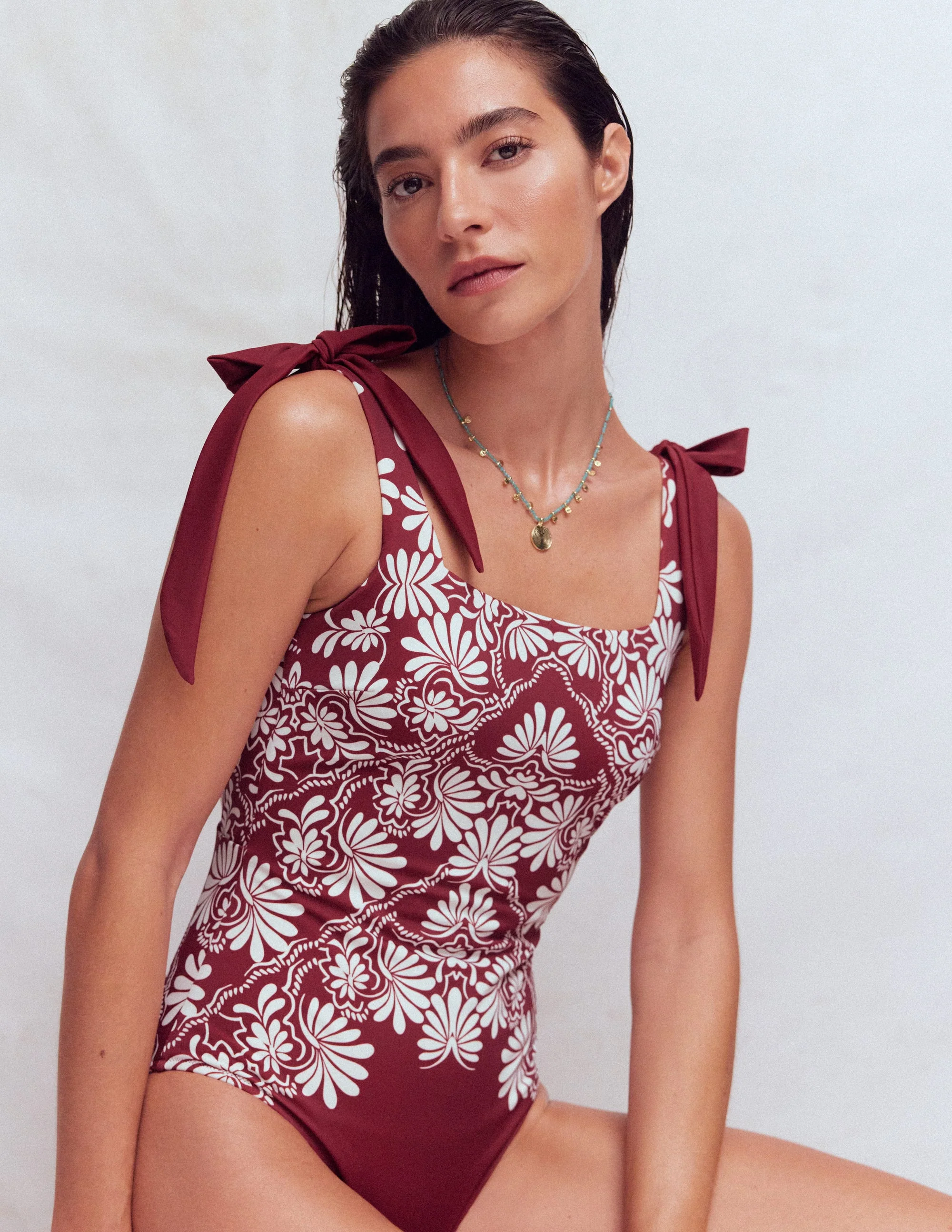 Bow Tie Shoulder Swimsuit-Maroon, Botanical Charm
