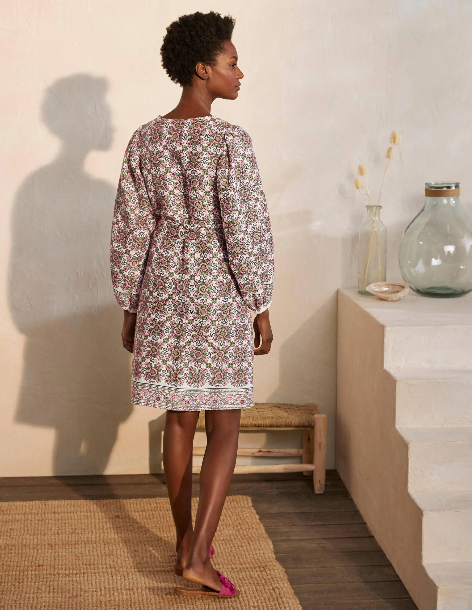 Bridget Belted Linen Dress-Ivory and Azalea, Flora Tile - Image 3