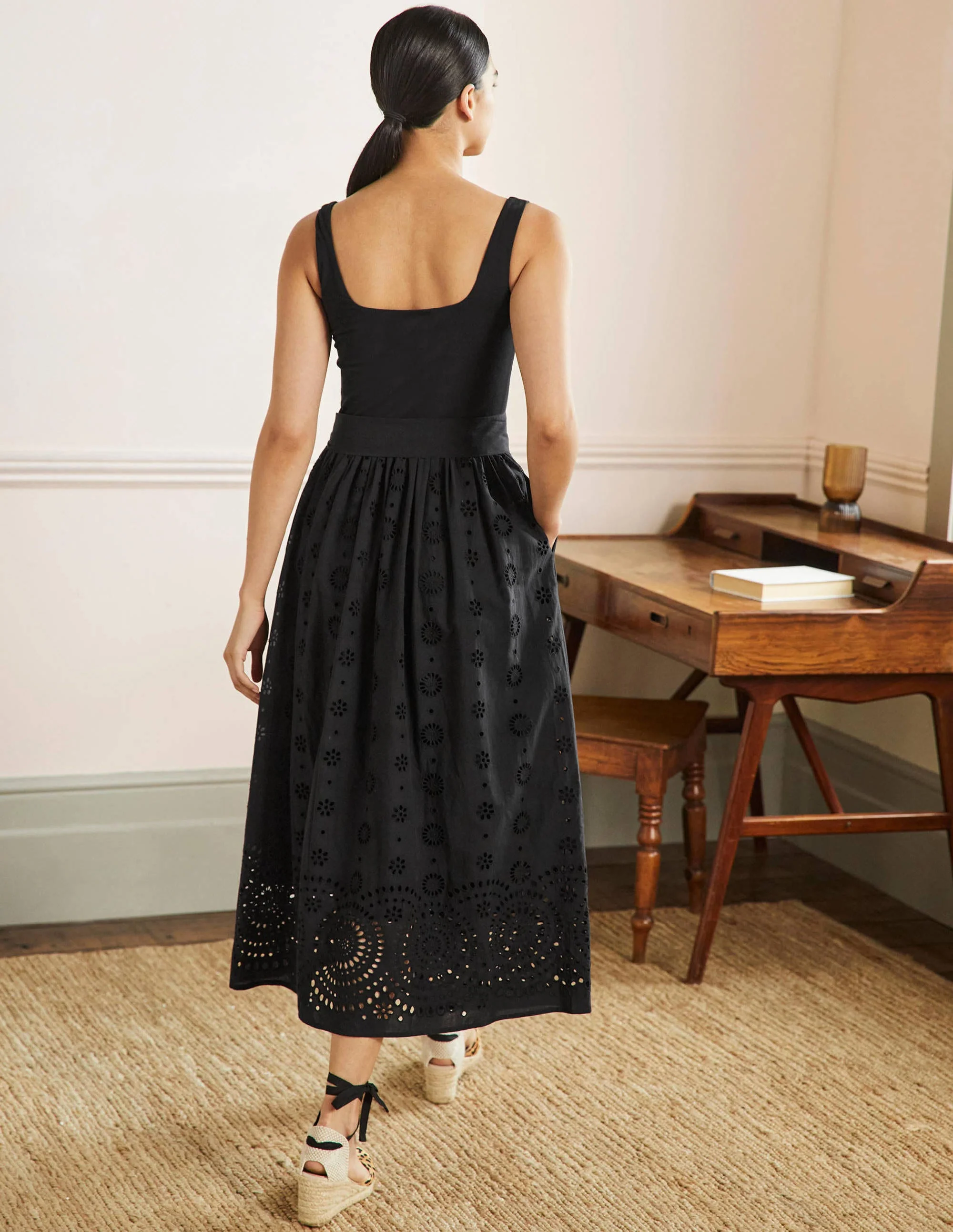 Broderie Mix Midi Dress-Black - Image 3