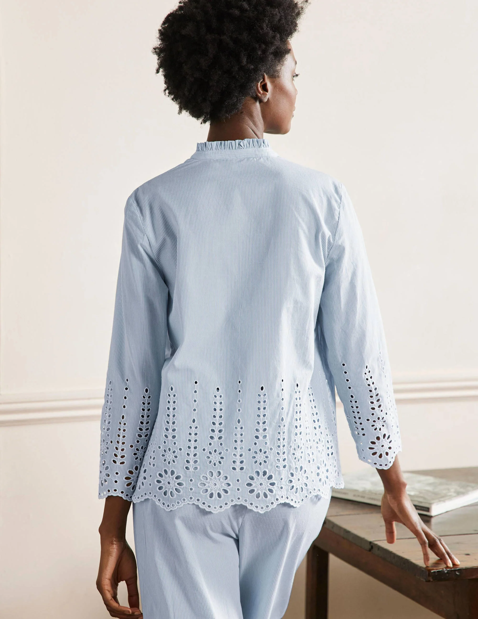 Broderie Pyjama Set-Blue Ticking Stripe - Image 3