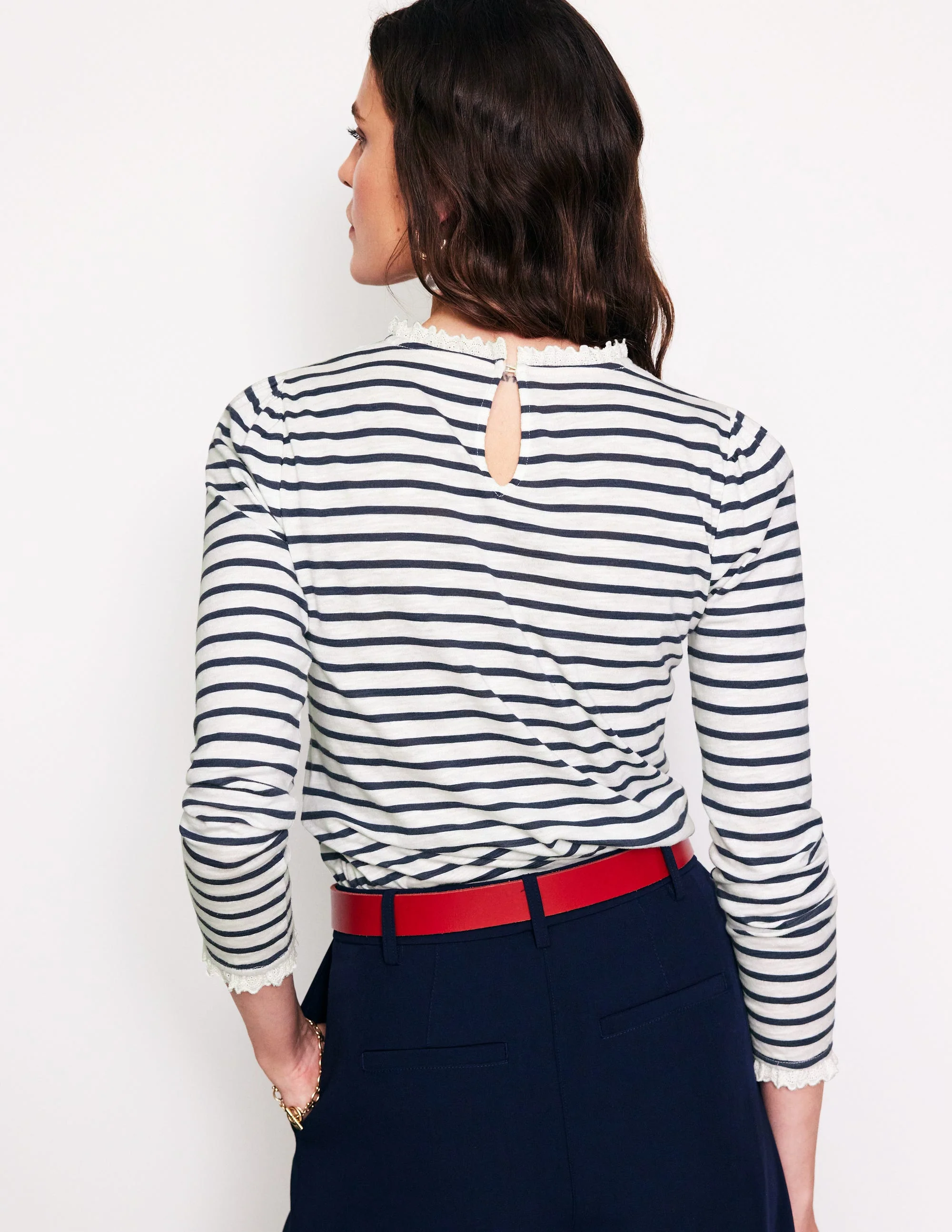 Broderie Ruffle Detail Top-Ivory, Navy Stripe - Image 3