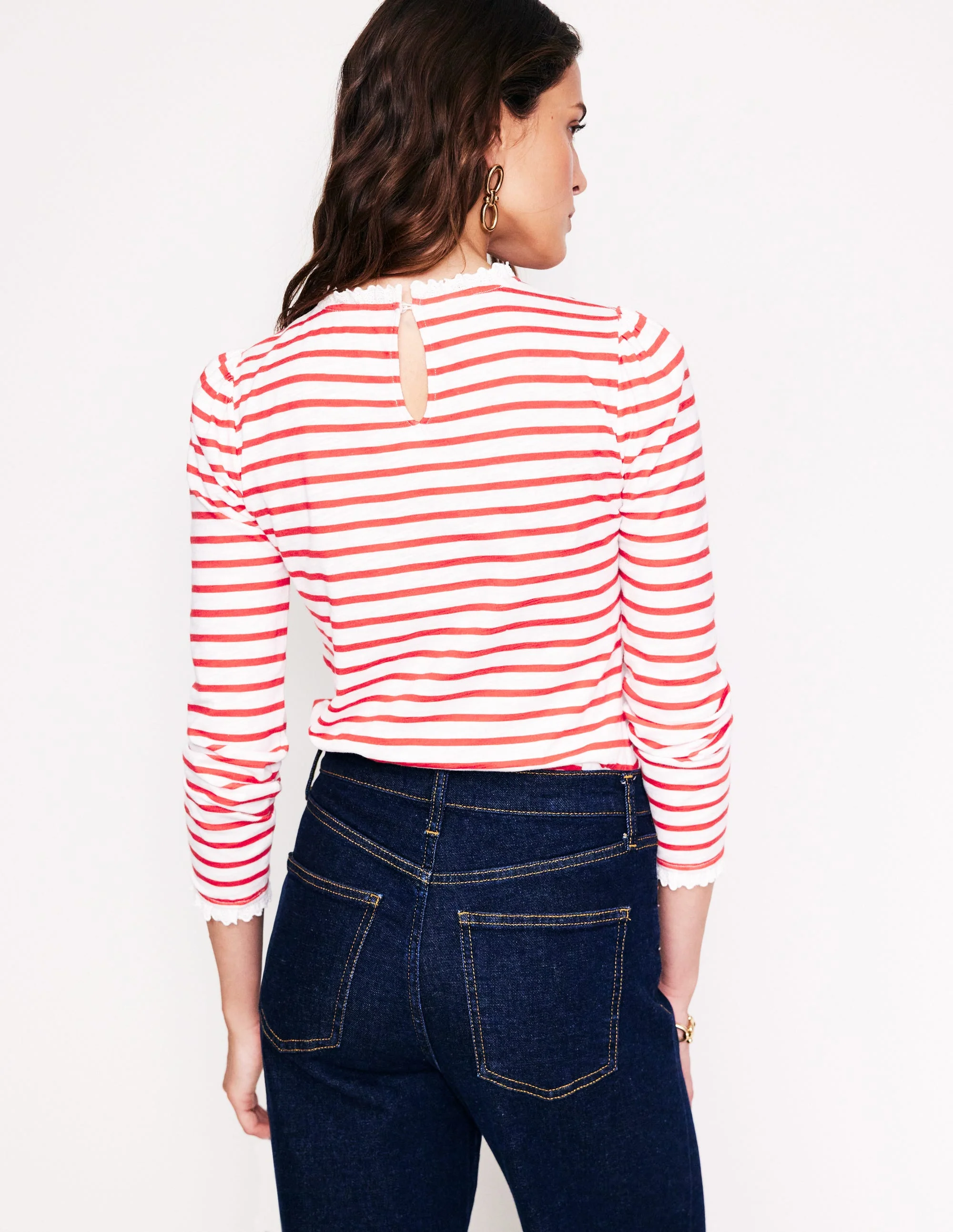 Broderie Ruffle Detail Top-Red, Ivory Stripe - Image 3