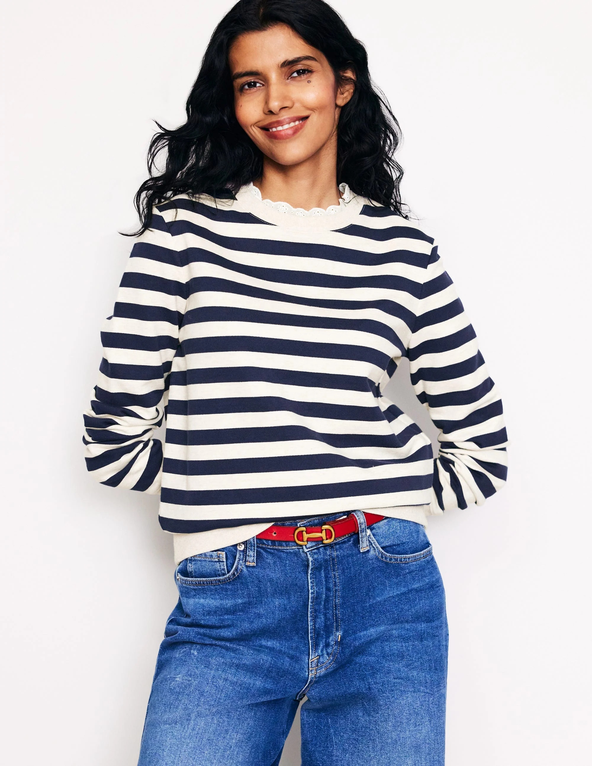 Broderie Trim Sweatshirt-Navy, Grey Marl Stripe - Image 4