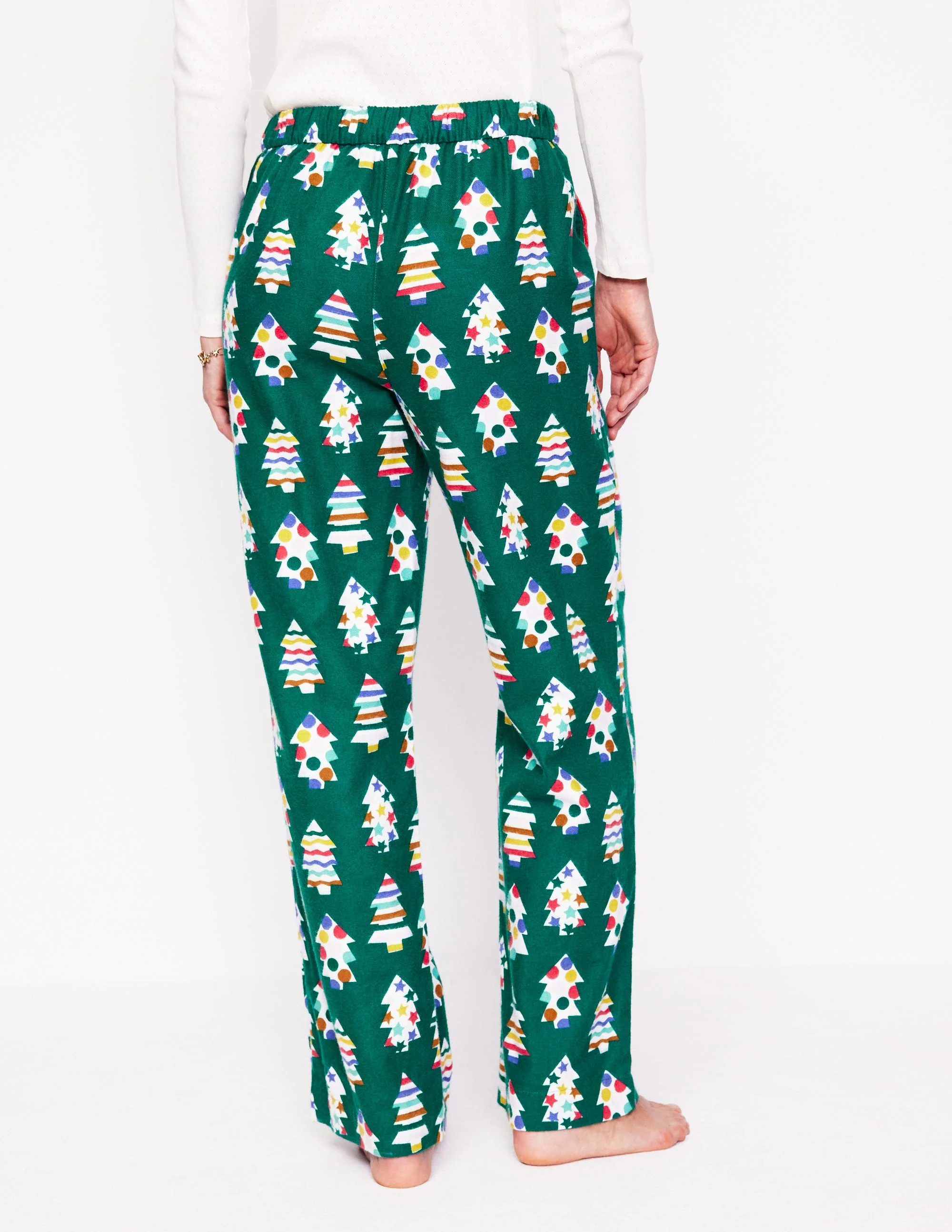 Brushed Cotton Pyjama Trousers-Malachite, Christmas Trees - Image 3