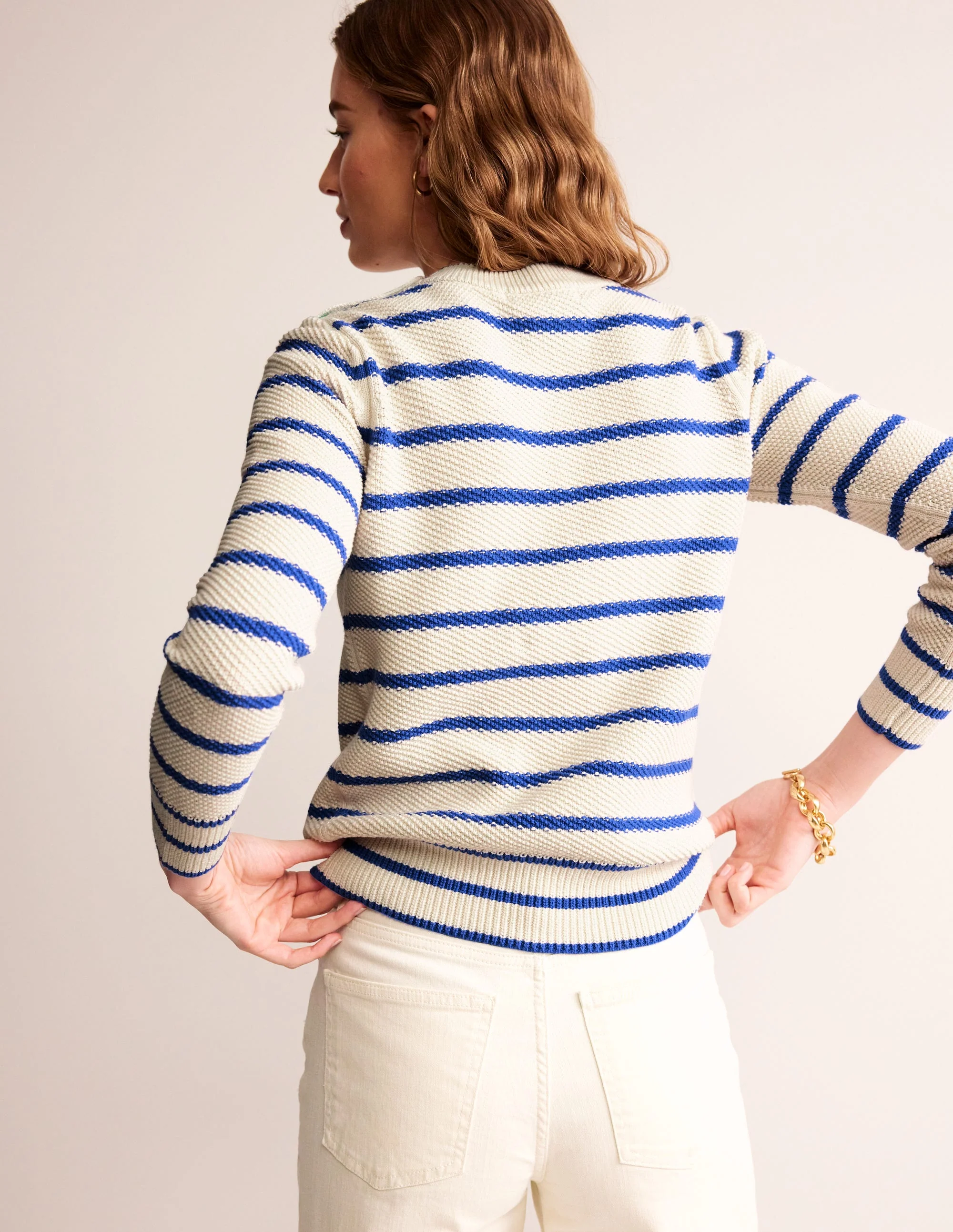 Button Detail Stitch Jumper-Warm Ivory, Island Sapphire - Image 3