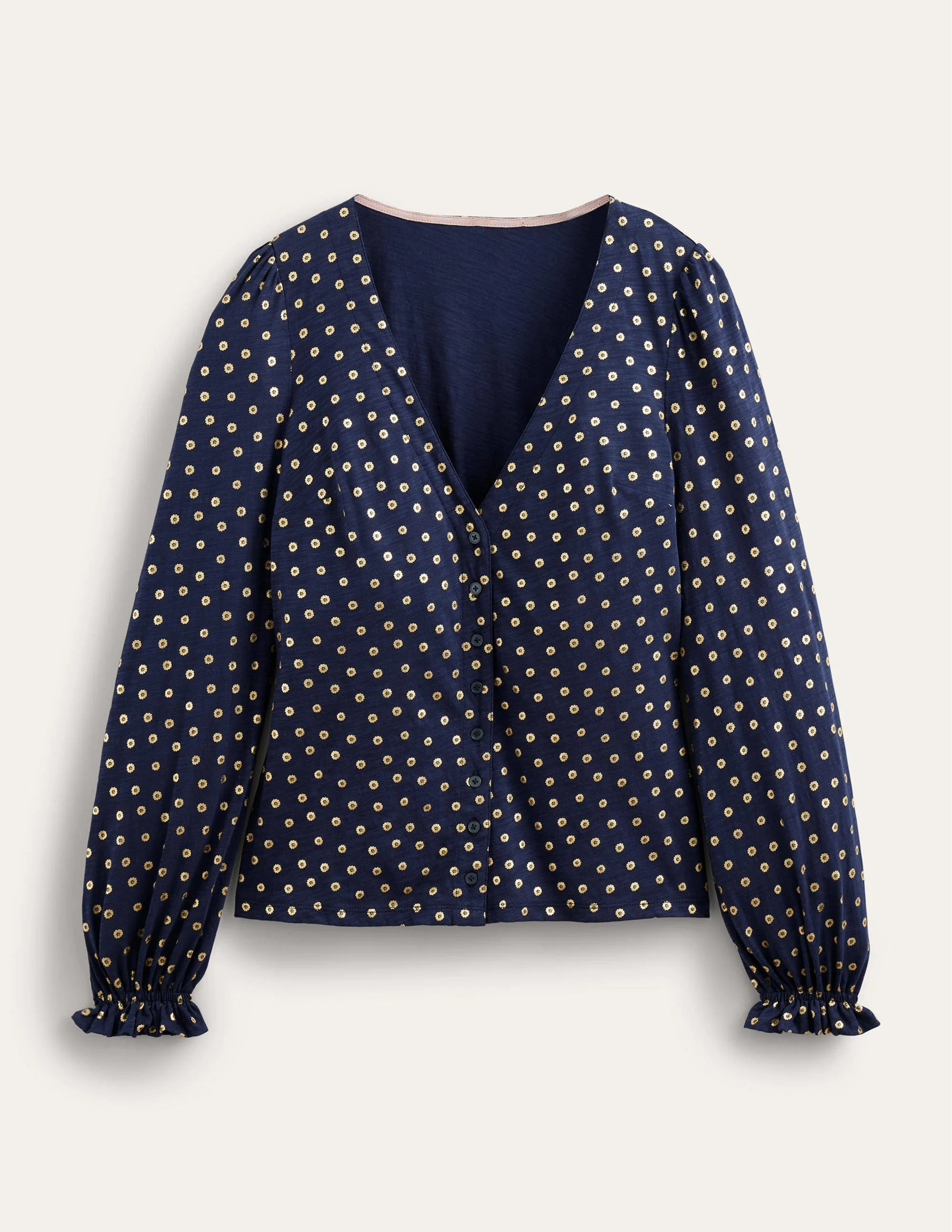 Button Front V-Neck Top-French Navy, Floral Dot - Image 5