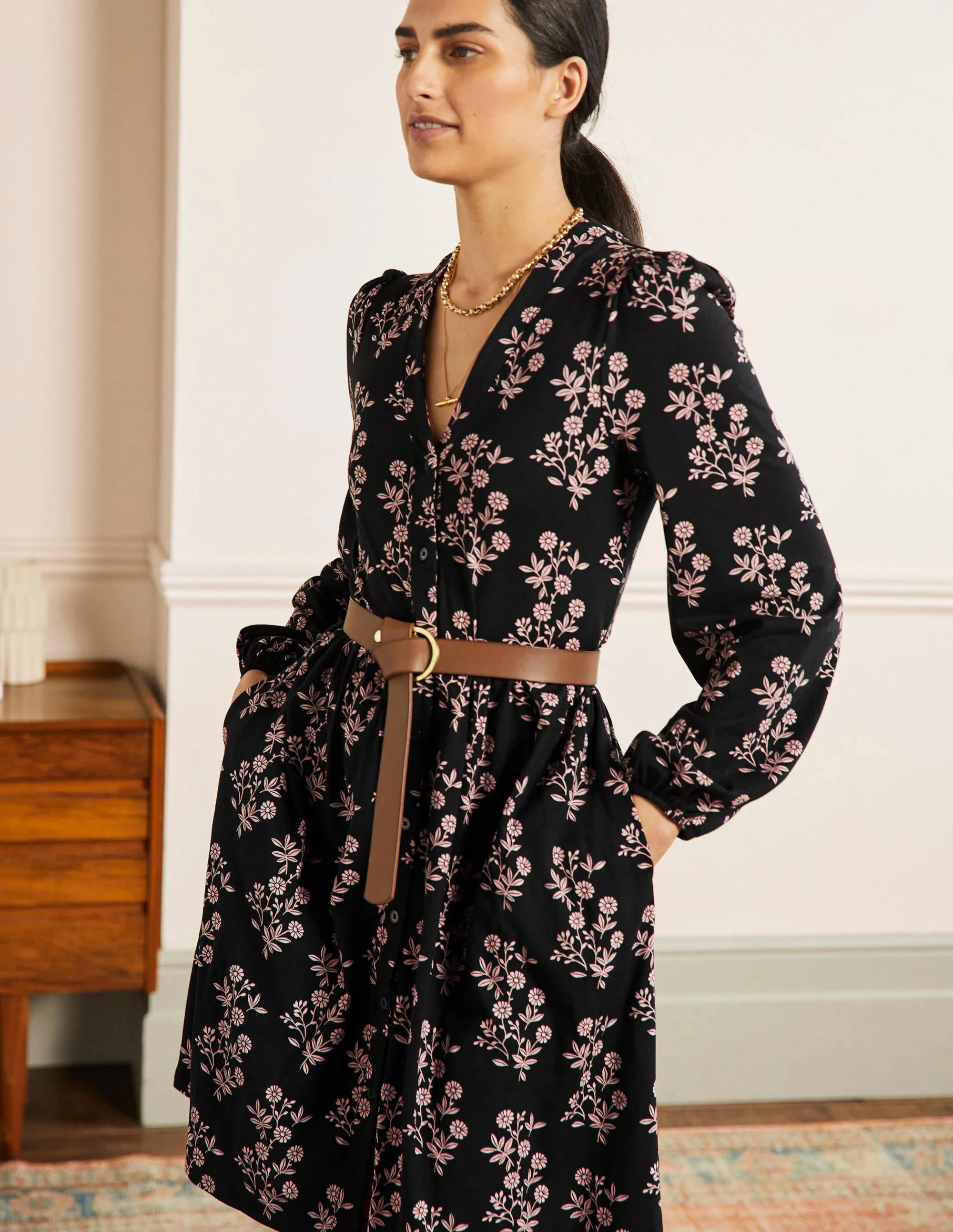 Button Through Jersey Dress-Black, Leafy Cluster