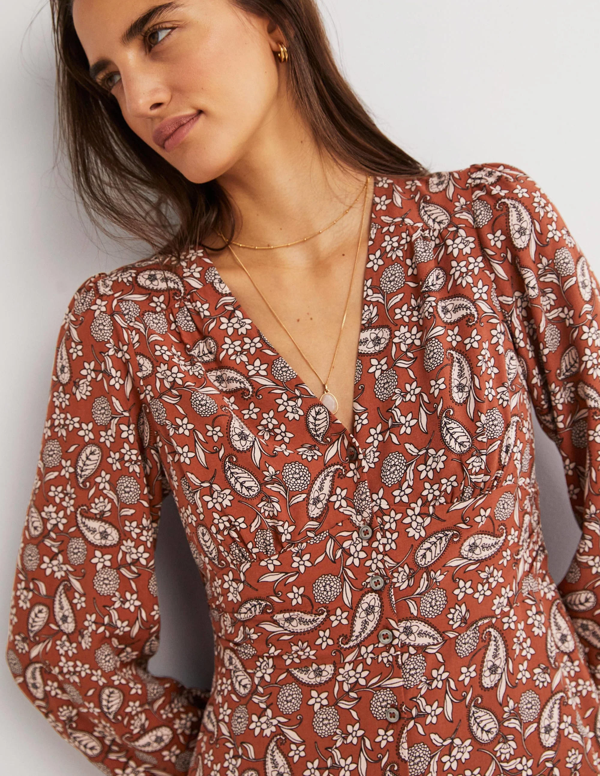 Button Through Midi Tea Dress-Chili Oil, Flower Garden - Image 2