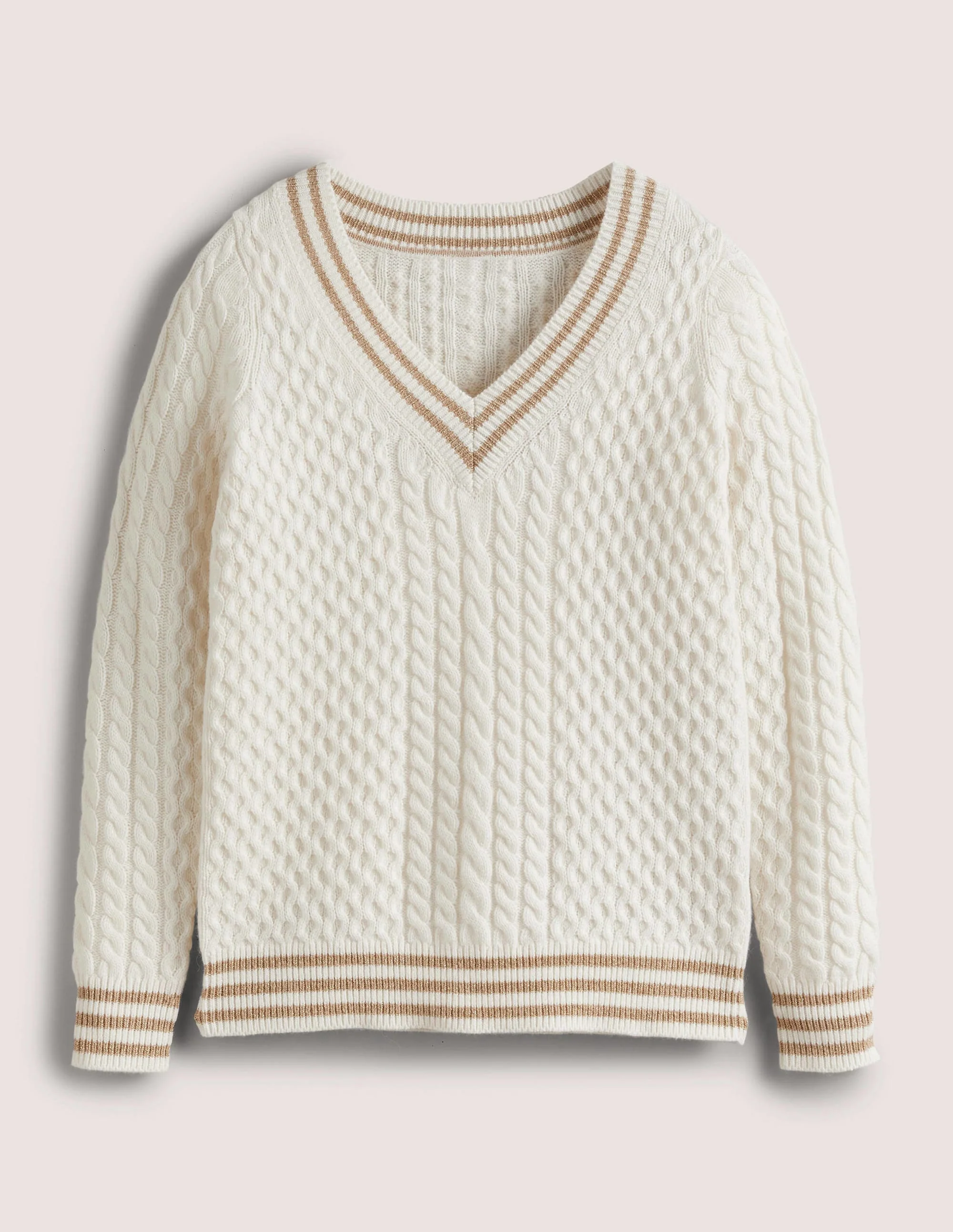 Cable Knit V-neck Jumper-Ivory - Image 7