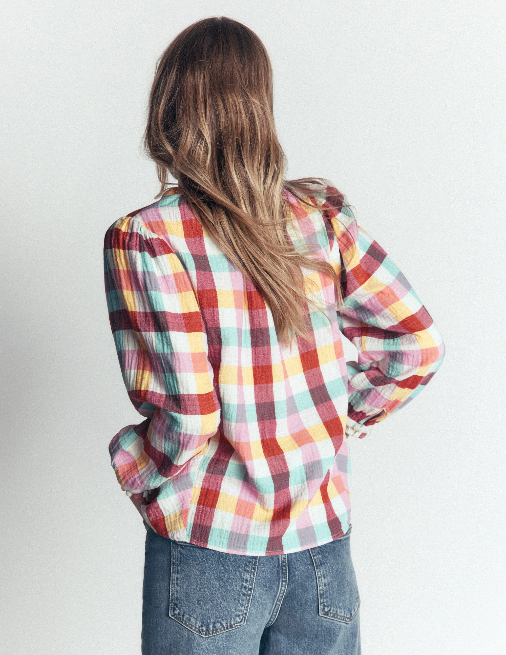Camille Double Cloth Top-Ivory, Pink, Red Multi Gingham - Image 3