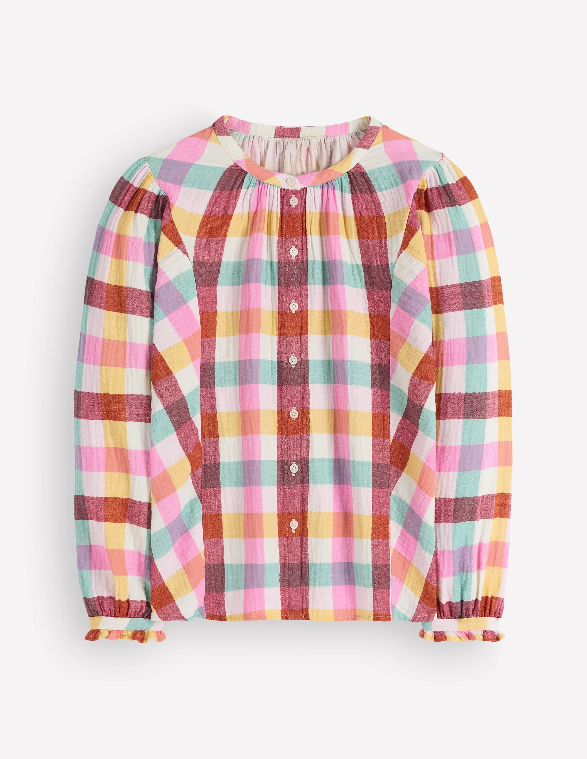 Camille Double Cloth Top-Ivory, Pink, Red Multi Gingham - Image 7