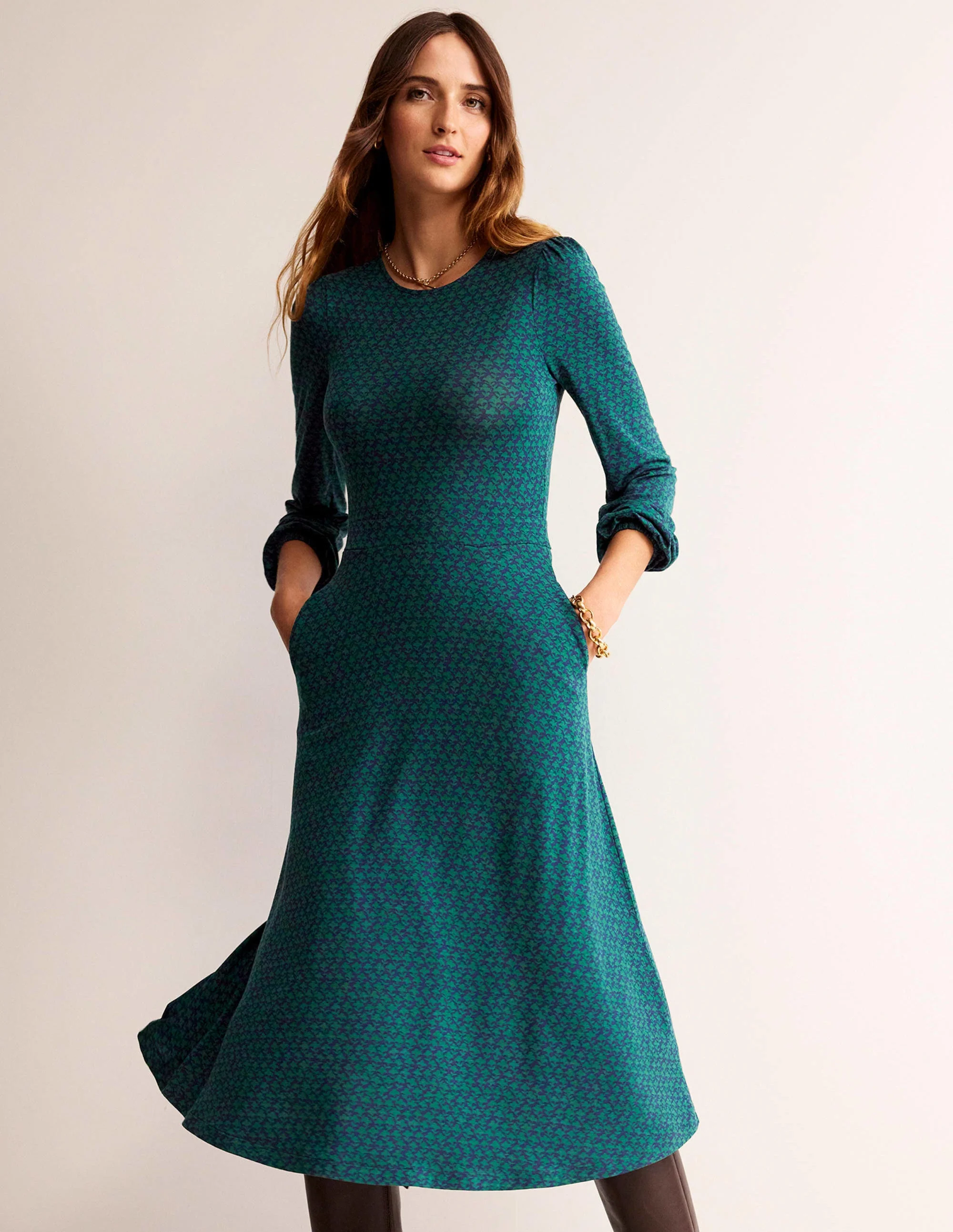 Camille Jersey Midi Dress-Emerald Night, Lily Sprig