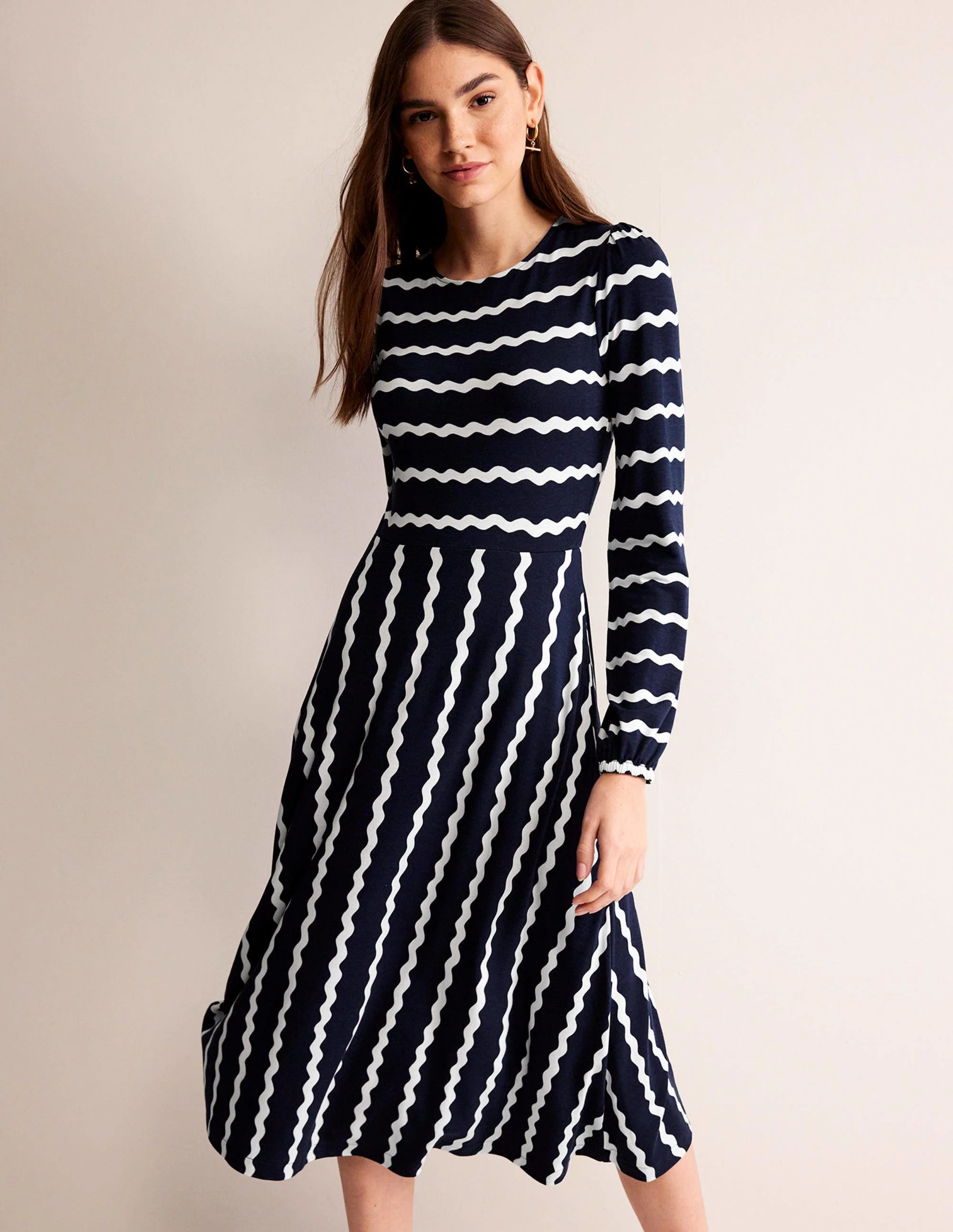 Camille Jersey Midi Dress-French Navy, Chevron - Image 4