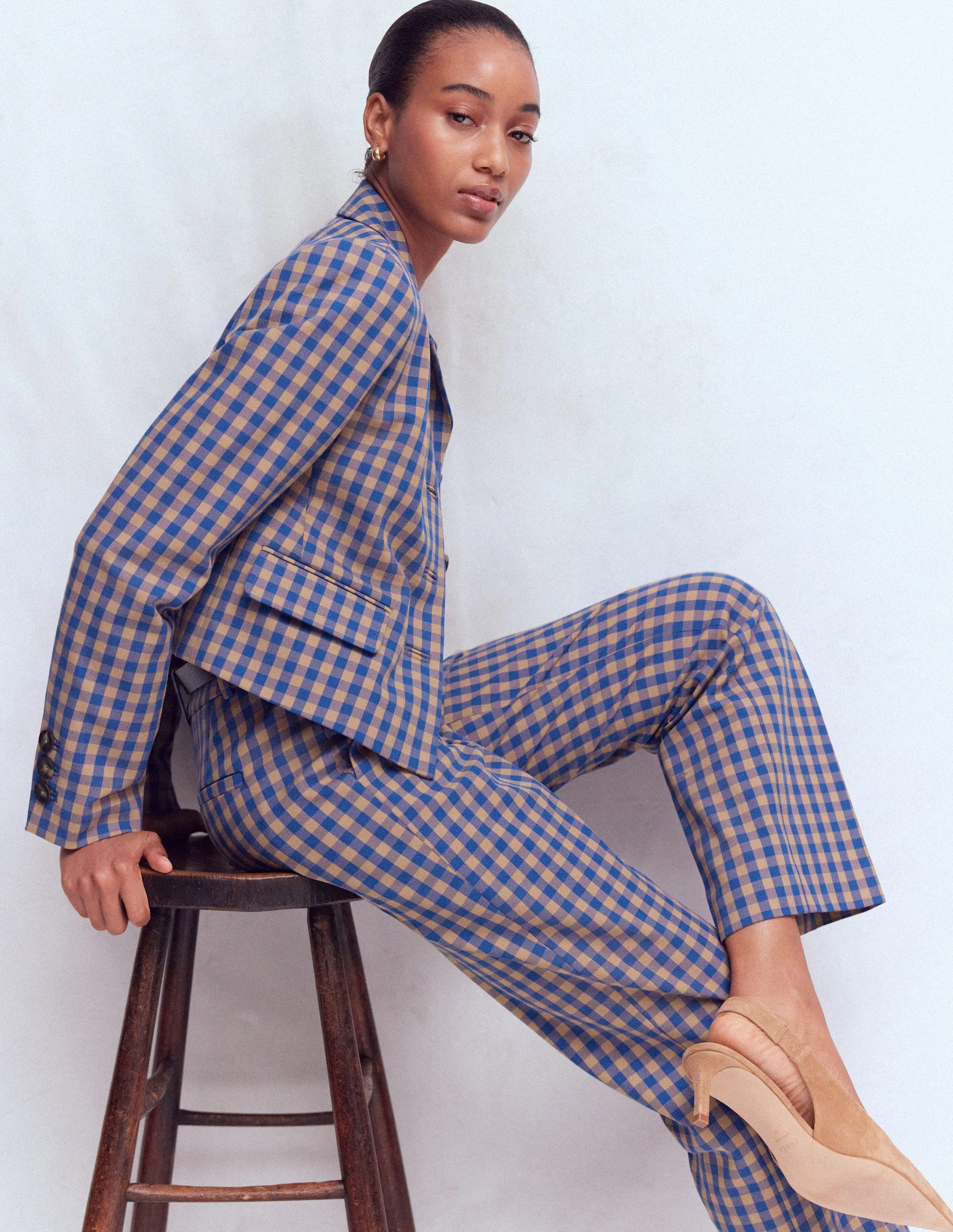 Canonbury Cotton 7/8 Trousers-Camel, Blue Gingham - Image 6