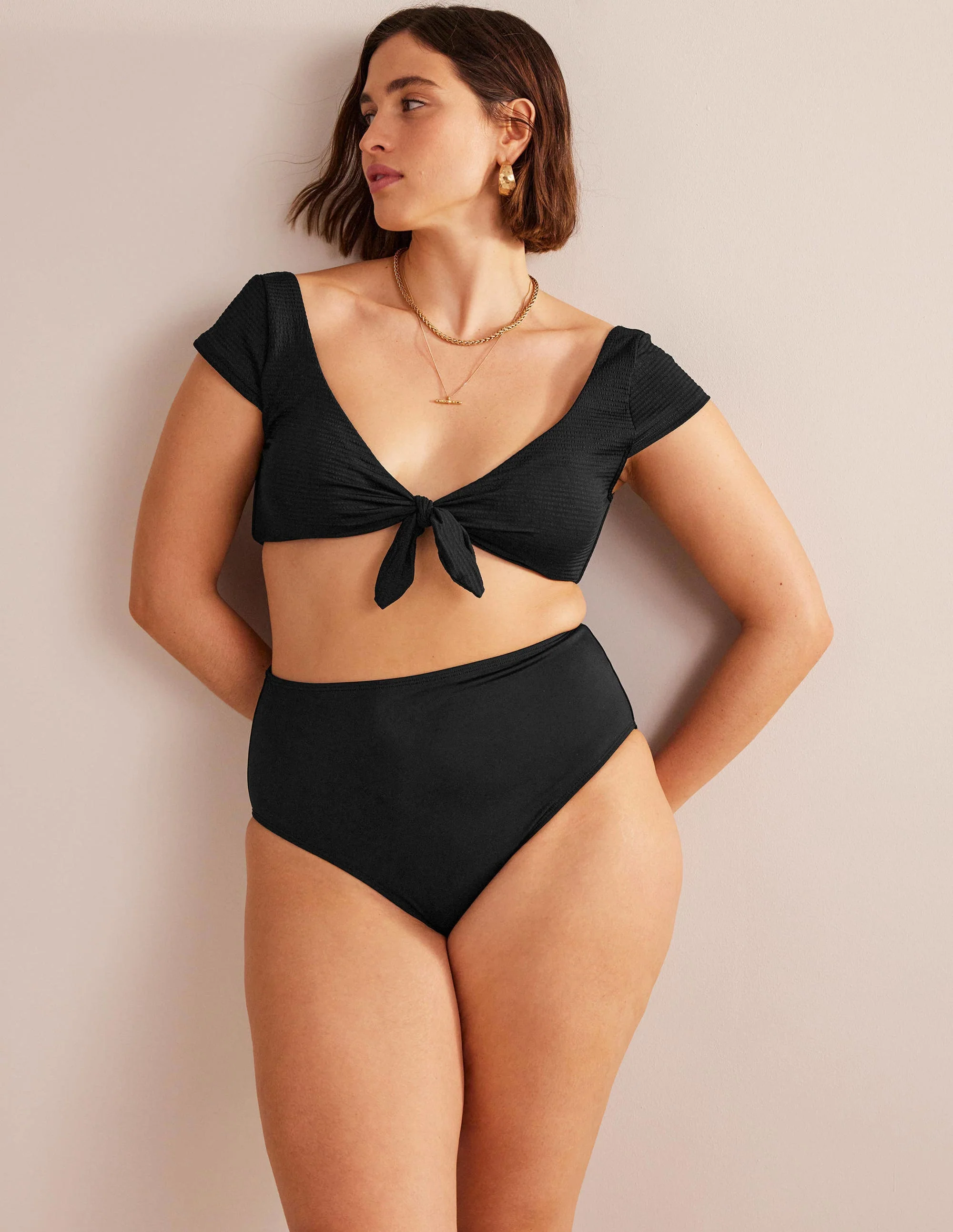 Cap Sleeve Tie Bikini Top-Black Seersucker Texture - Image 5