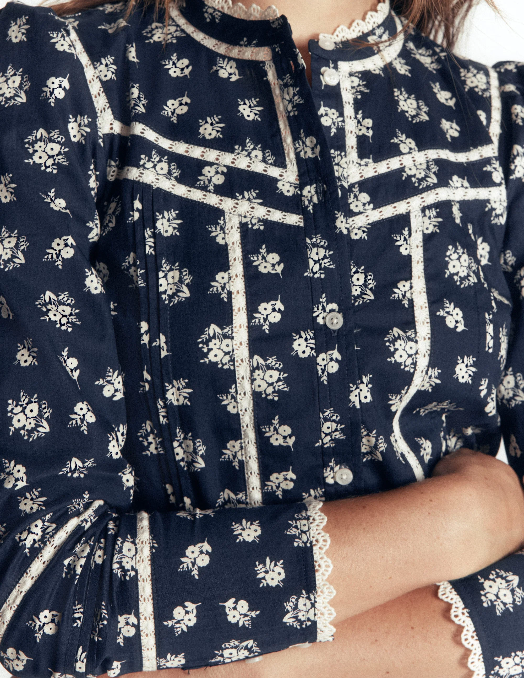Carmen Lace Trim Cotton Top-French Navy, Delicate Garden - Image 2