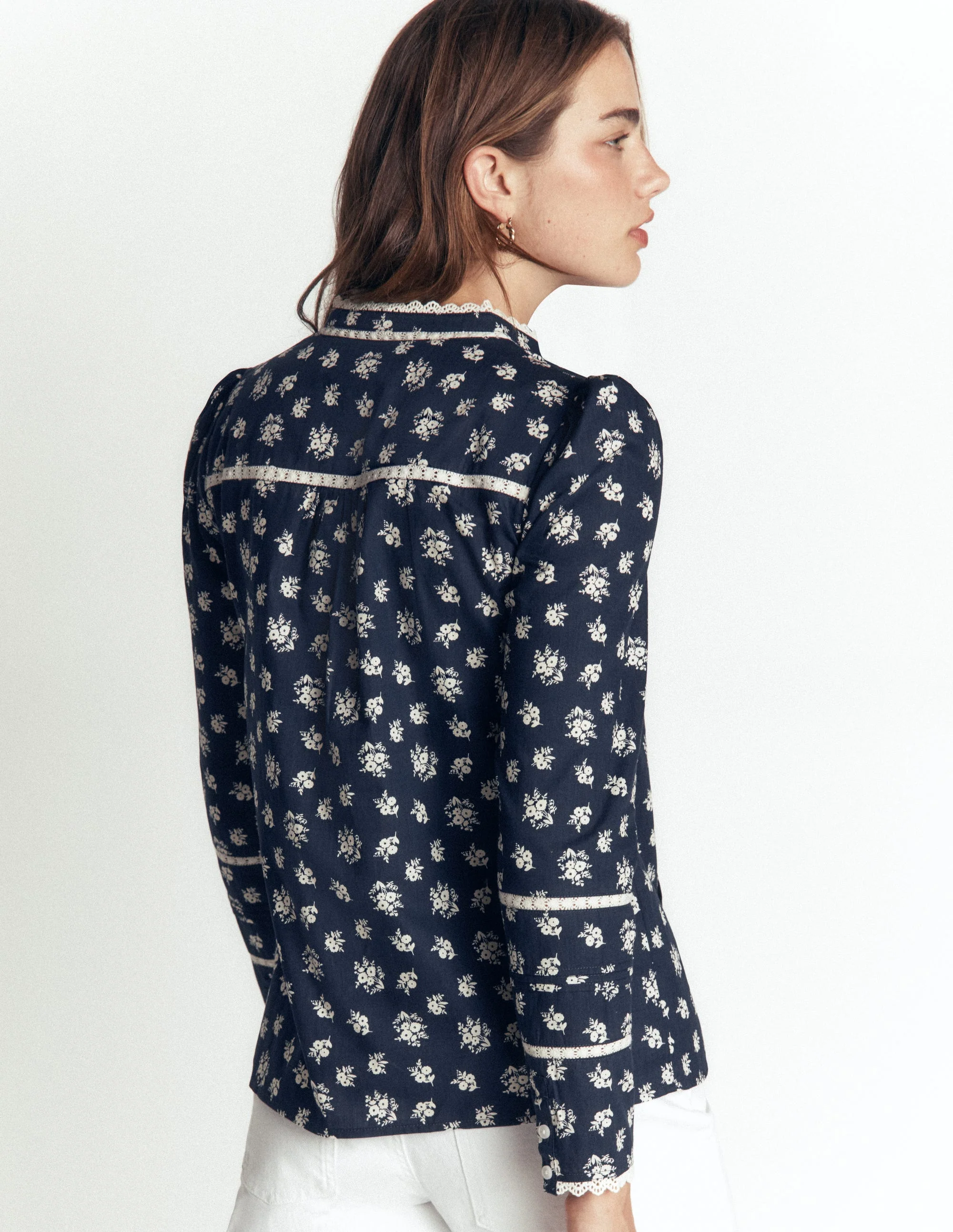 Carmen Lace Trim Cotton Top-French Navy, Delicate Garden - Image 3