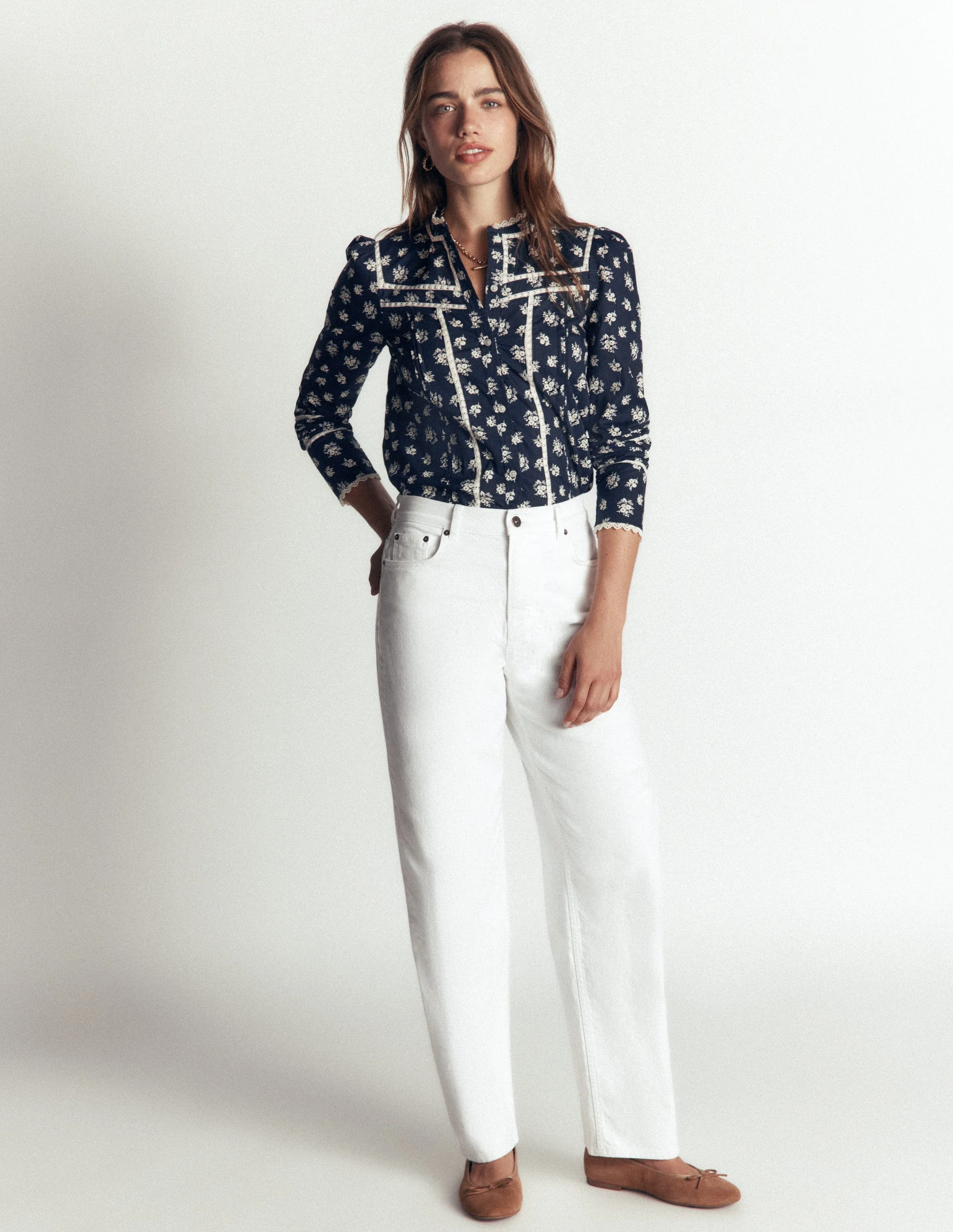 Carmen Lace Trim Cotton Top-French Navy, Delicate Garden - Image 5