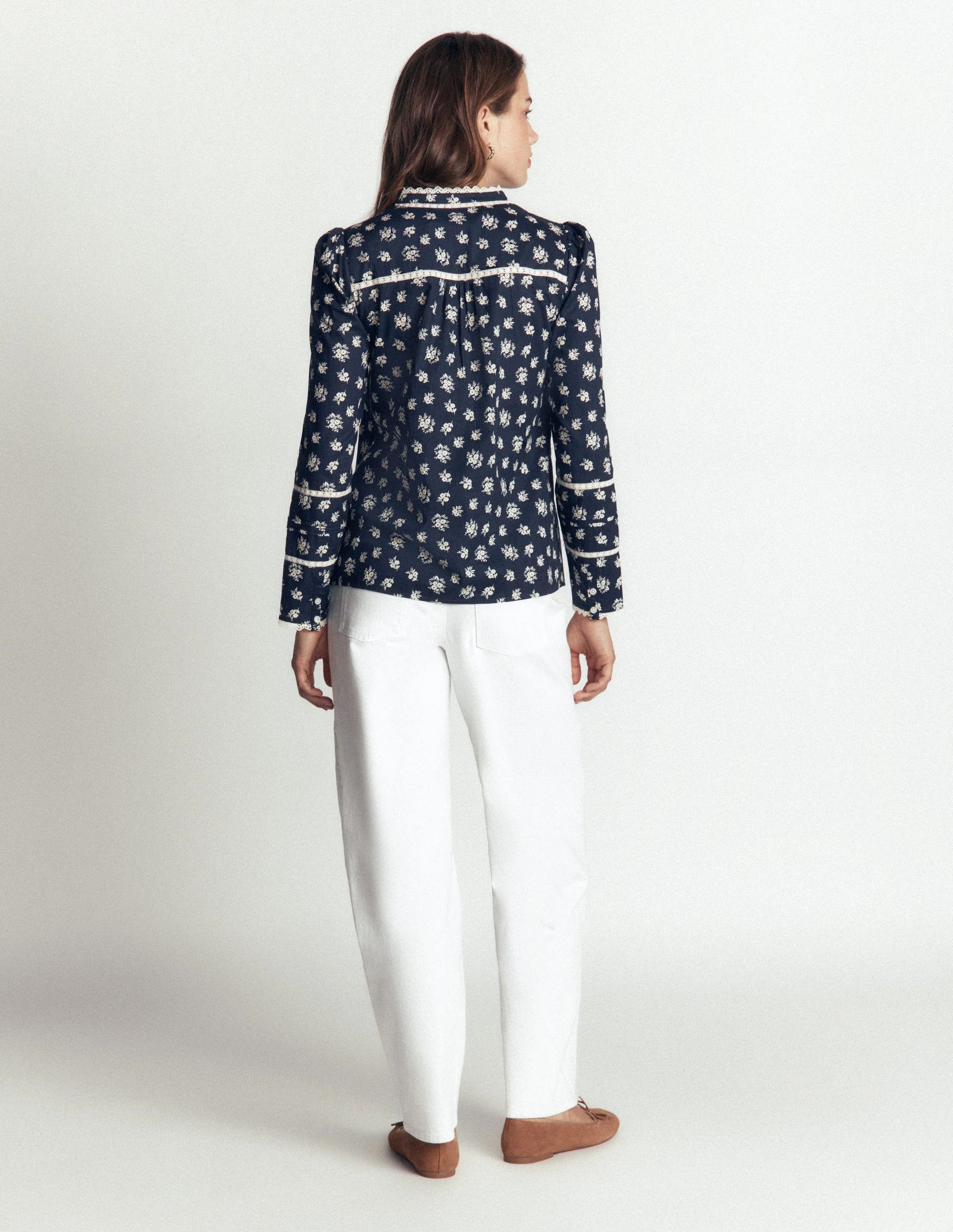 Carmen Lace Trim Cotton Top-French Navy, Delicate Garden - Image 6
