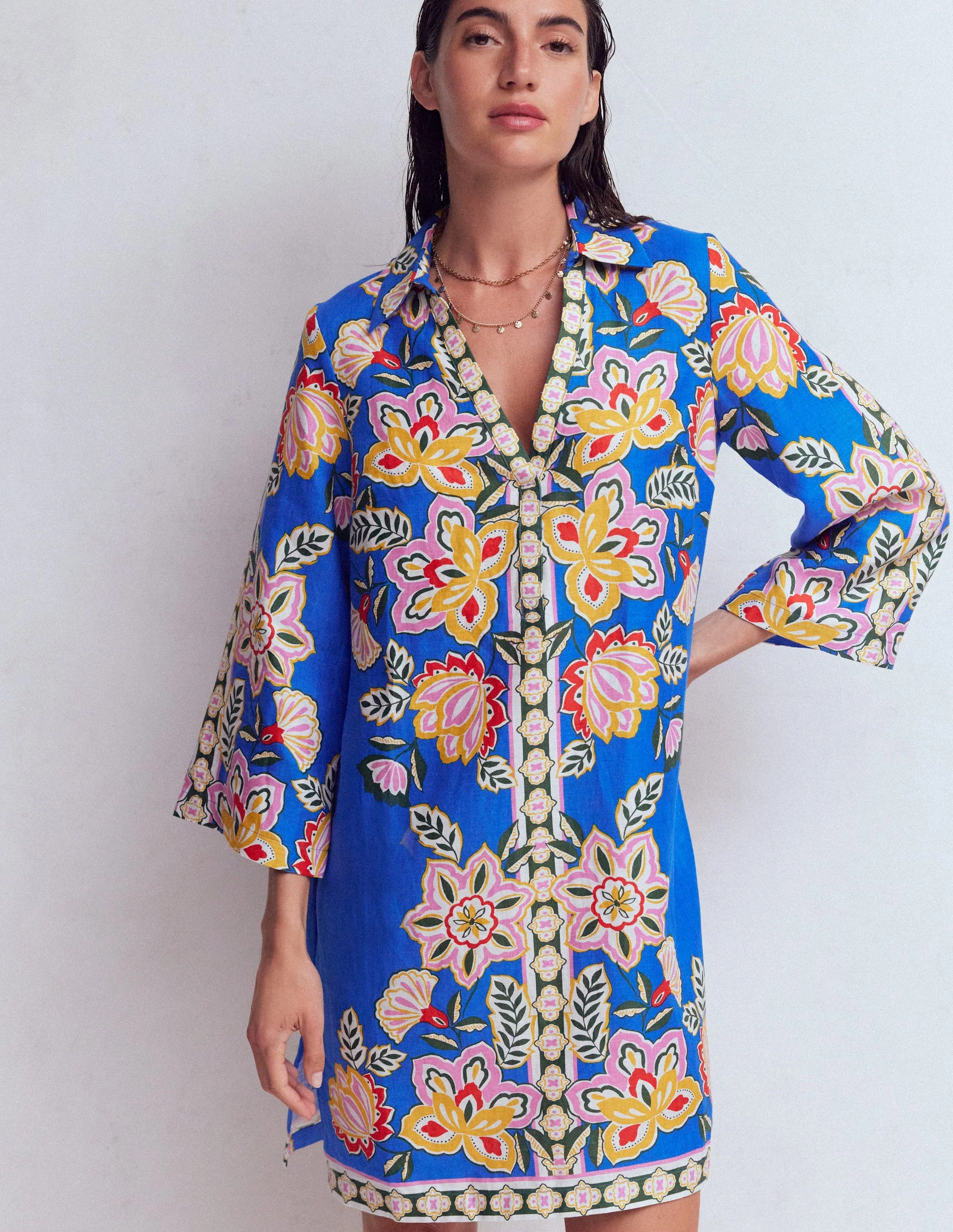 Carmen Linen Short Dress-Blue Blossom Elegance - Image 4