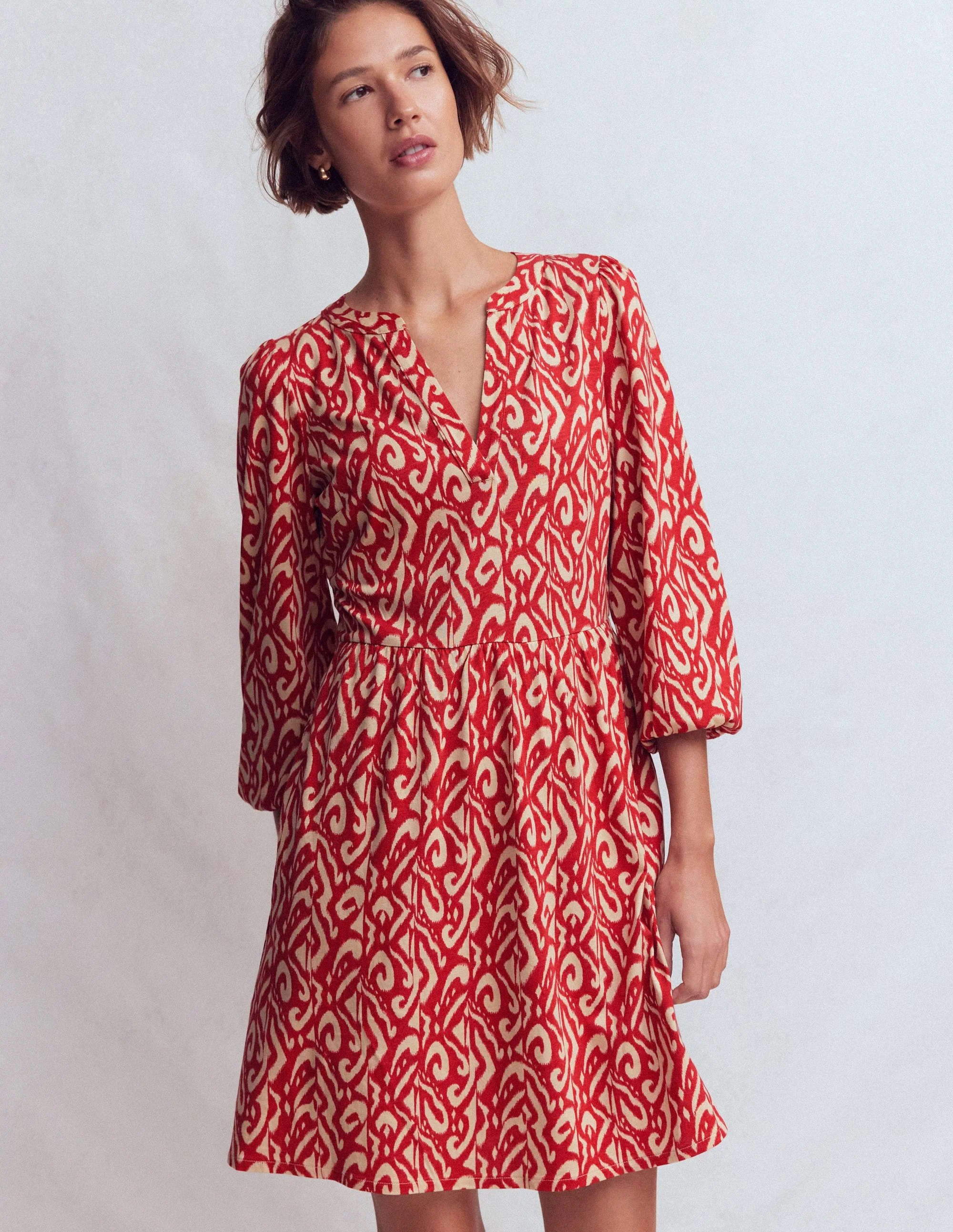 Cathy Notch Neck Jersey Dress-Merida Red, Ikat - Image 4