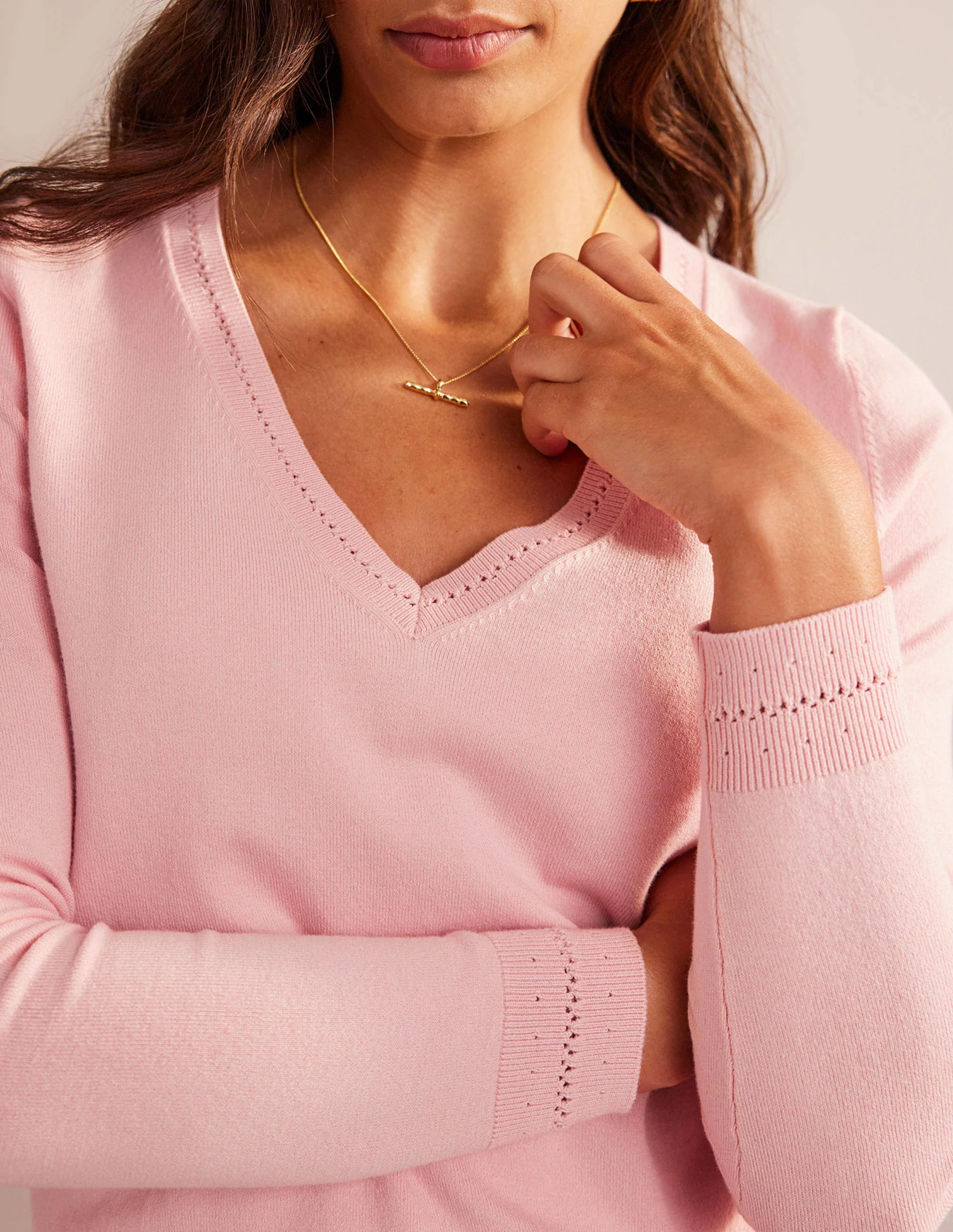 Catriona Cotton V-Neck Jumper-Carmine Rose - Image 2