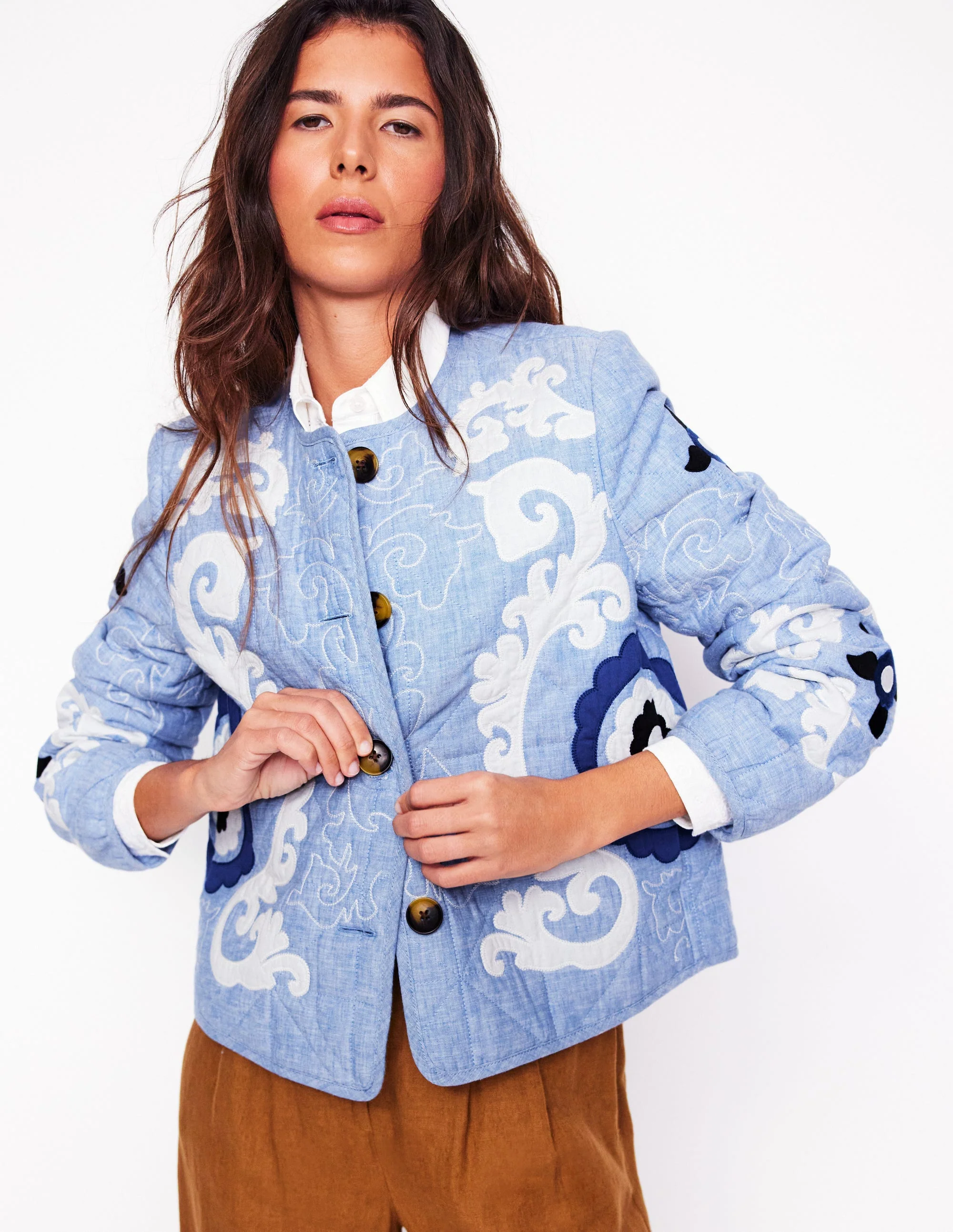 Chelsea Embroidered Jacket-Grey Blue Chambray - Image 6