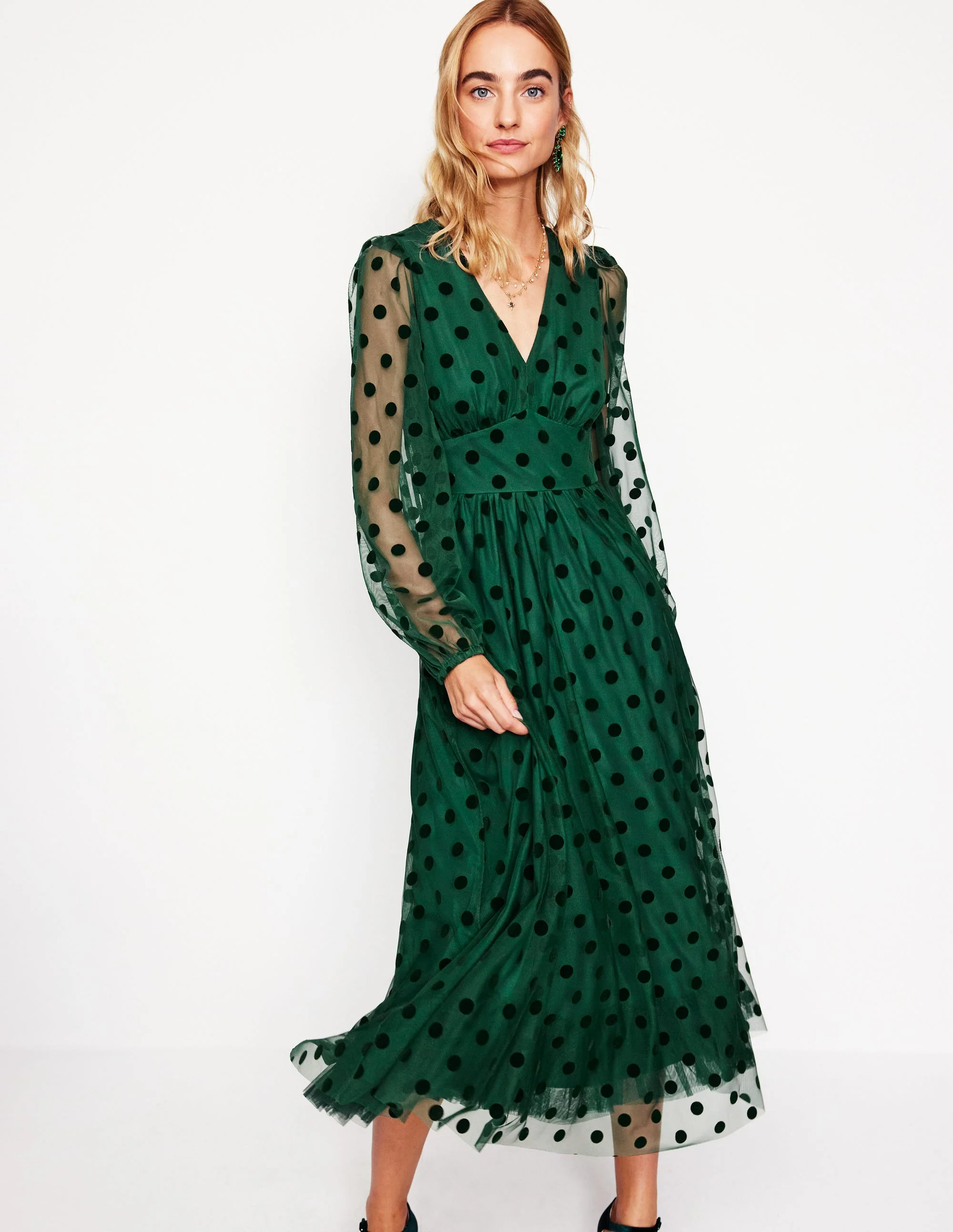 Christina Tulle Midi Dress-Green, Spots - Image 4