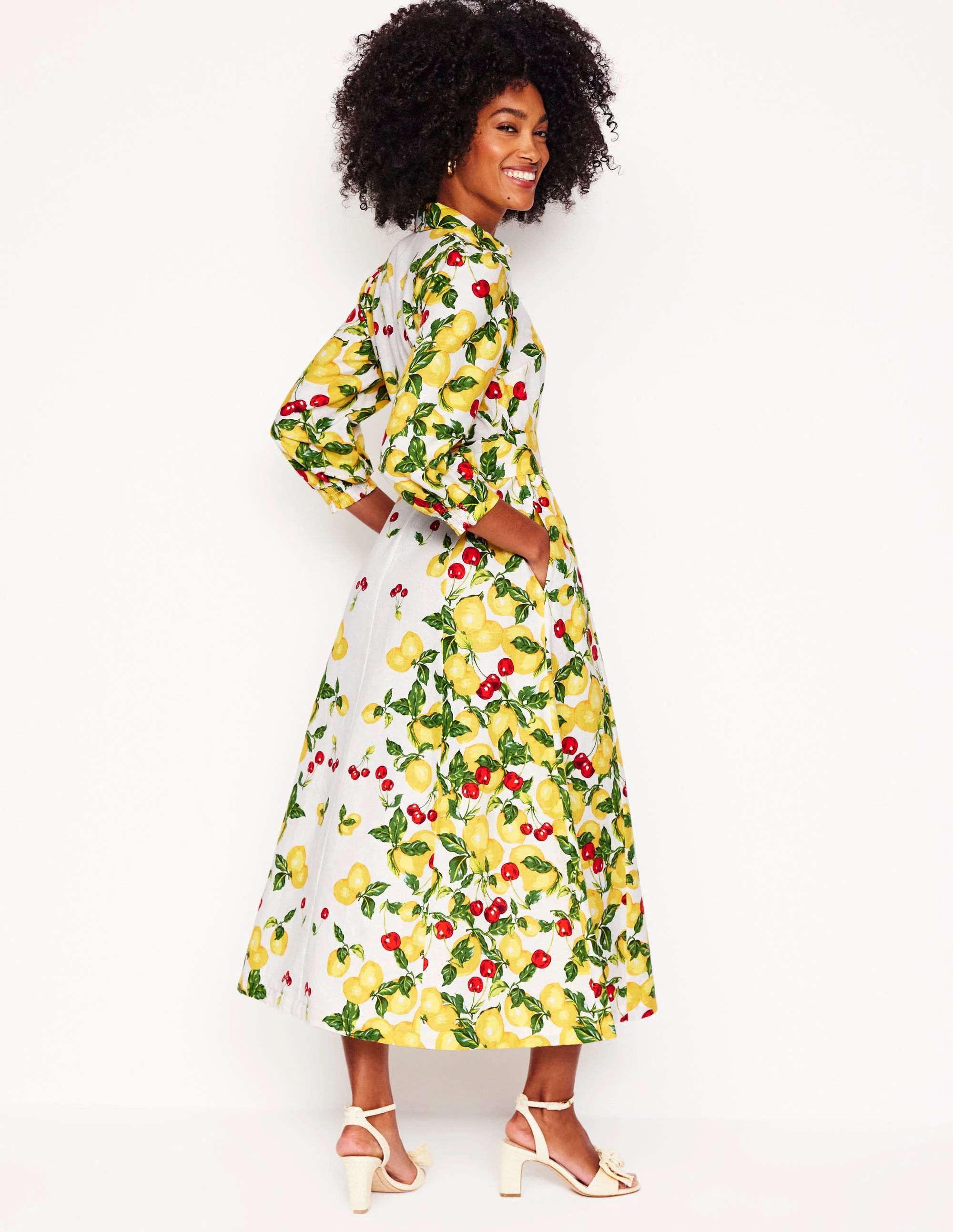 Clara Linen Blend Shirt Dress-Ivory, Cherries and Lemons - Image 4