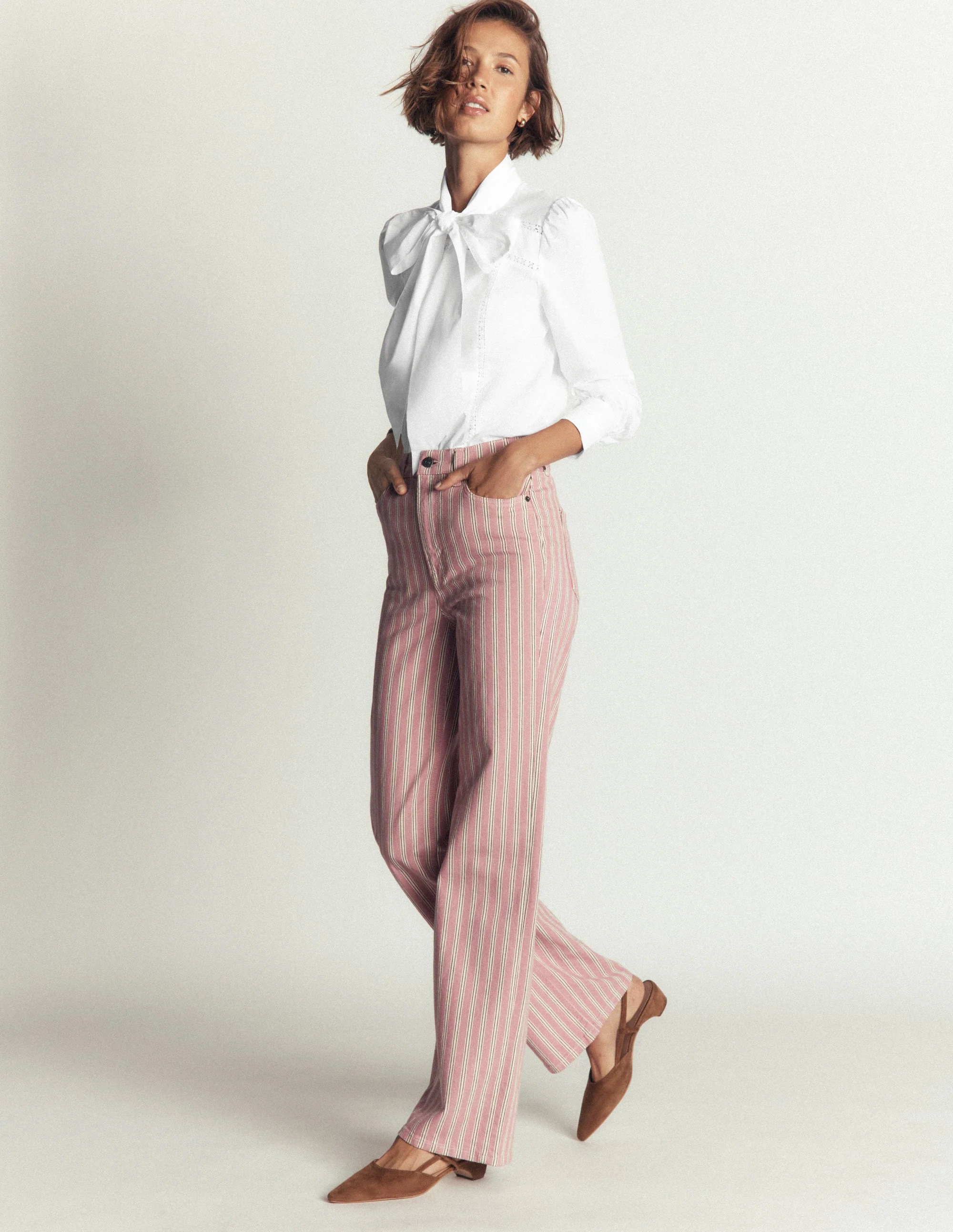 Clara Tie Neck Shirt-White Trim Detail