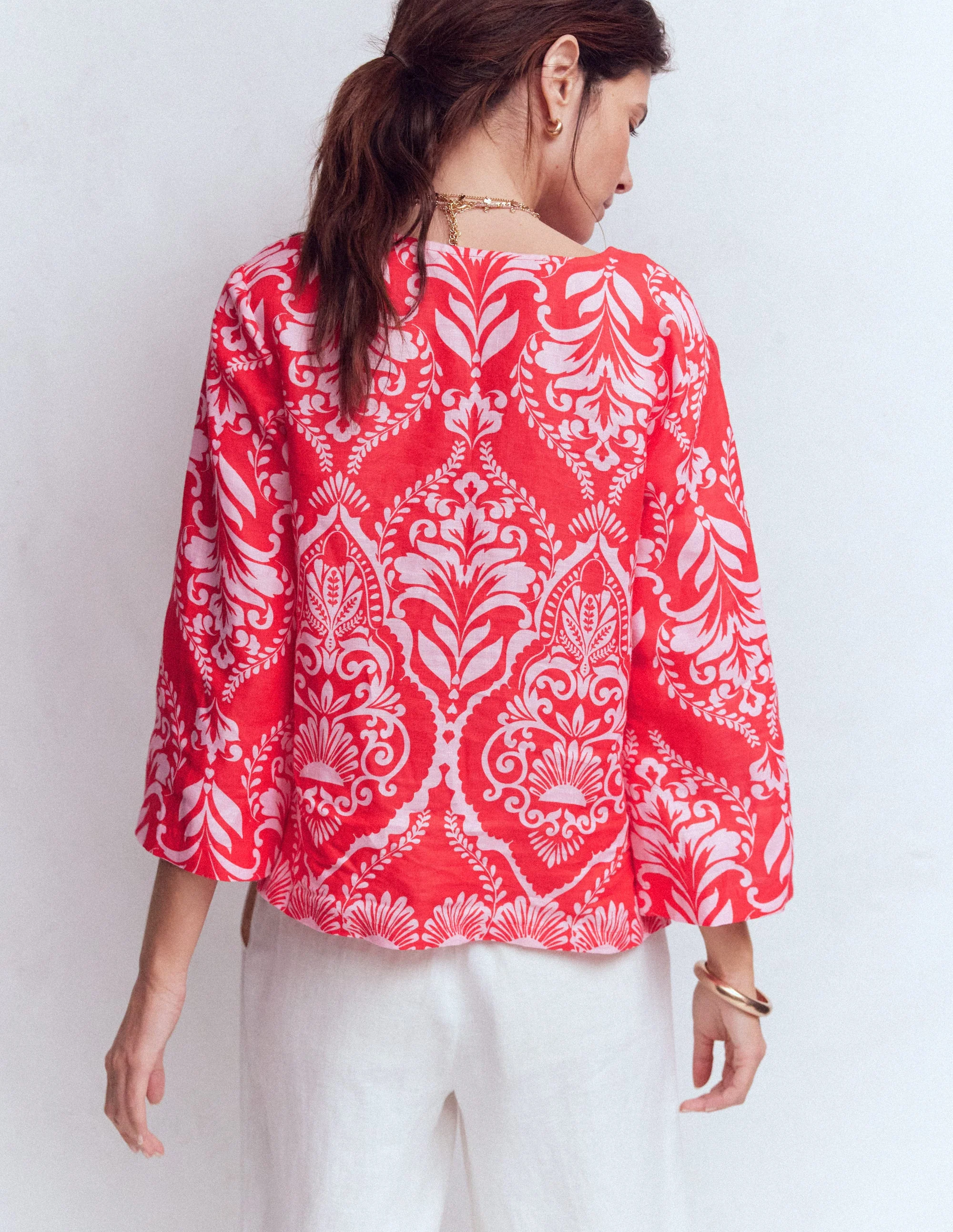 Cleo Linen Top-Red, Ornamental Garden Mono - Image 3