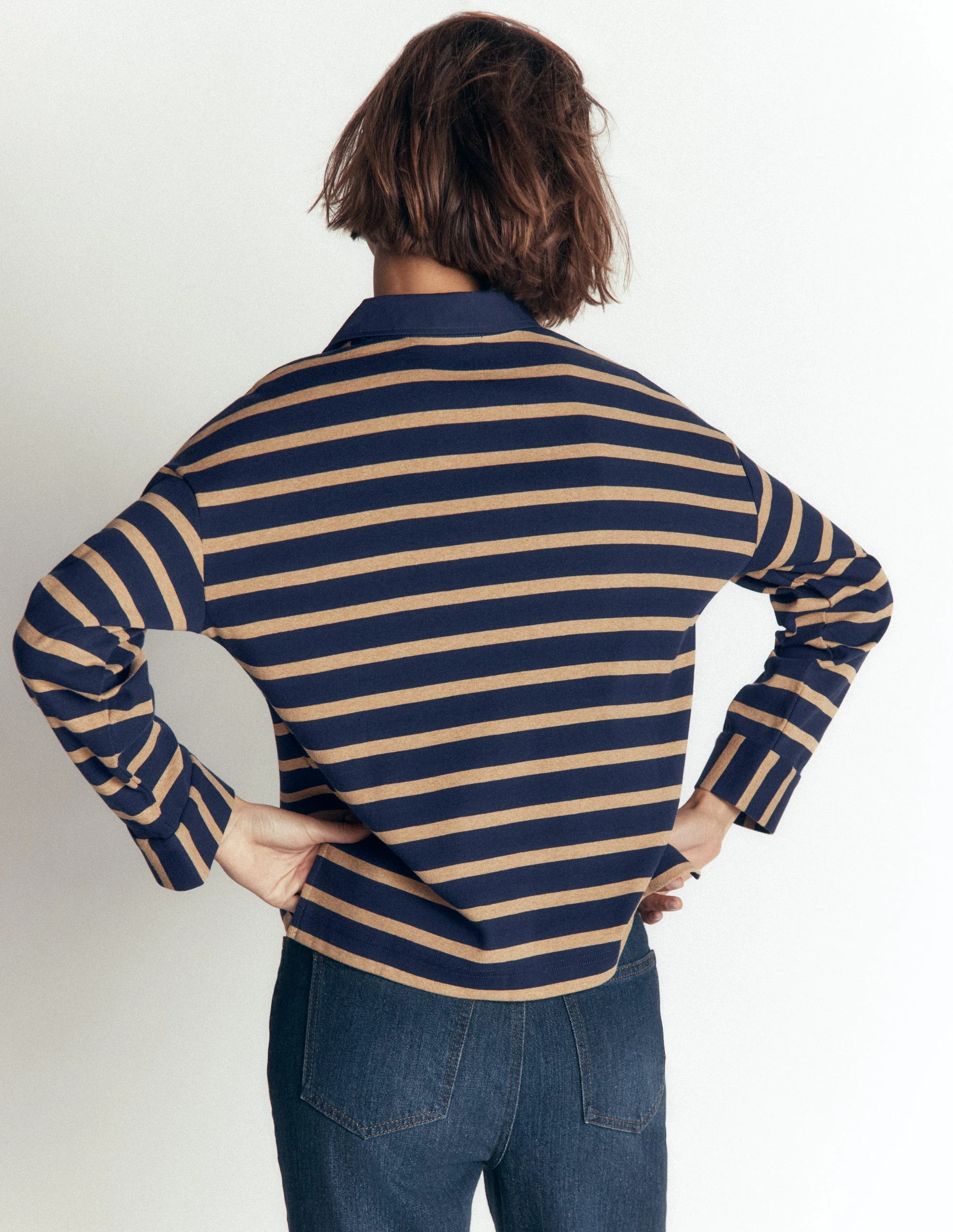 Collar Button Striped Breton-Navy and Camel Stripe - Image 3