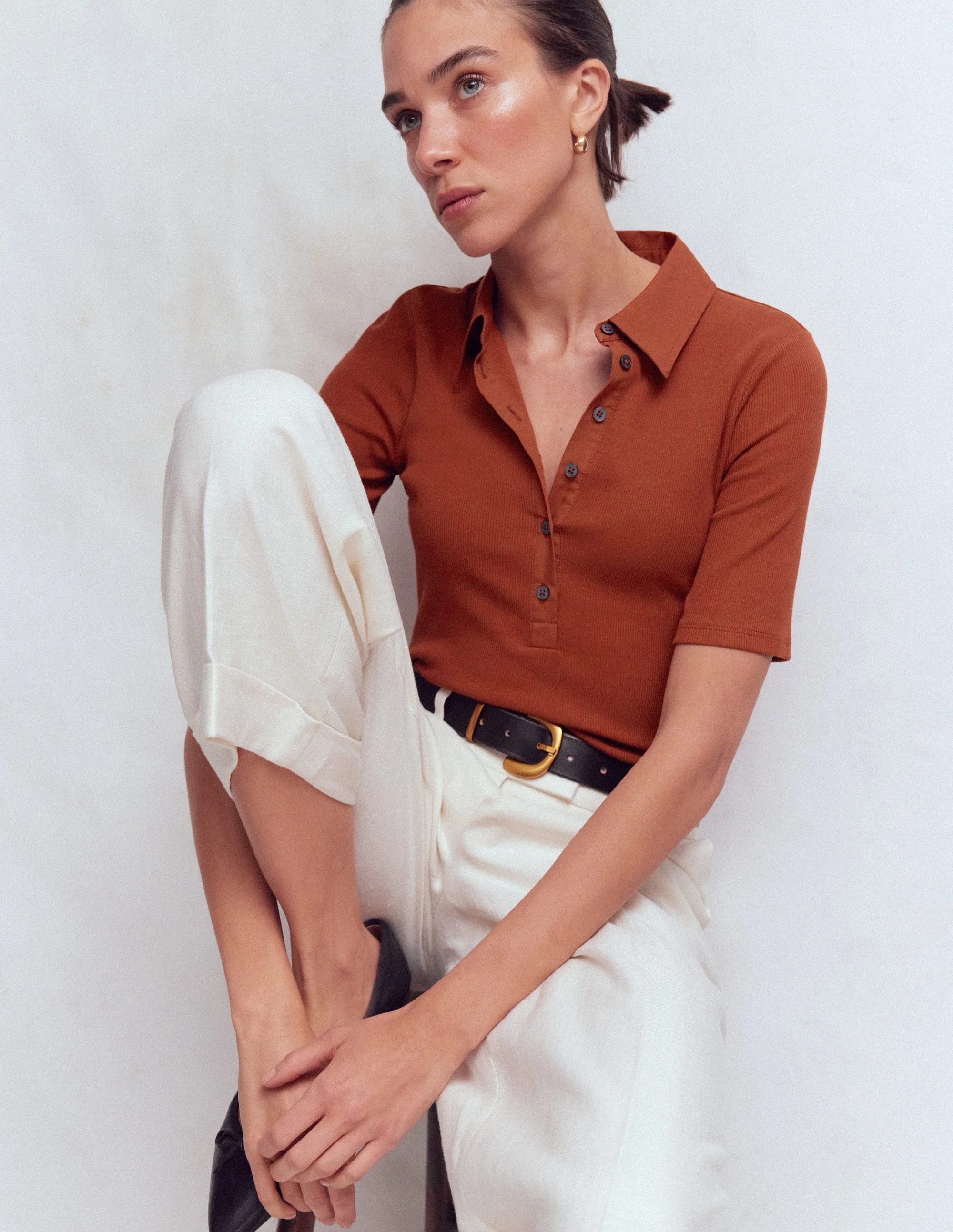 Collared Ribbed Henley Top-Burnt Orange - Image 4