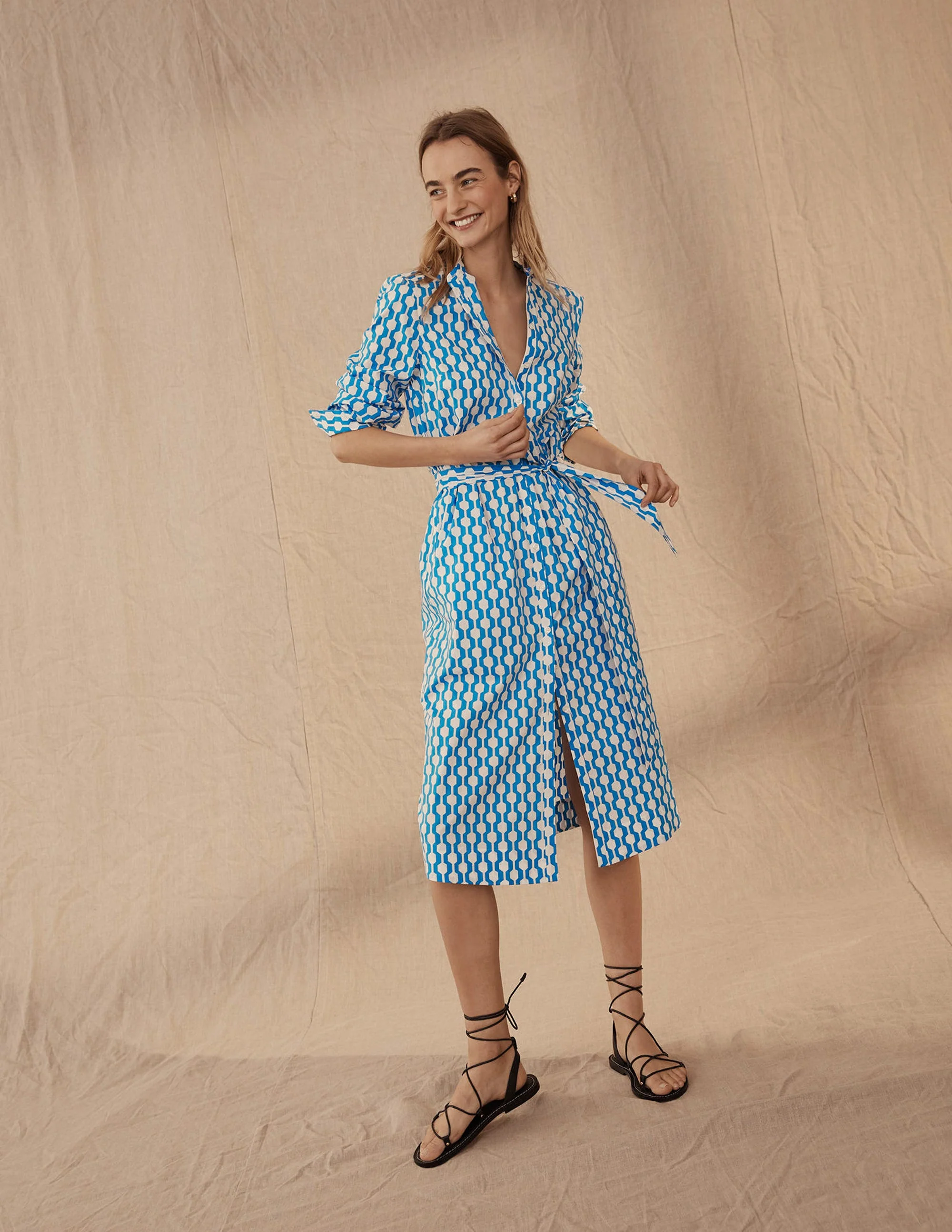 Collarless Midi Shirt Dress-Moroccan Blue, Geo Azure - Image 5