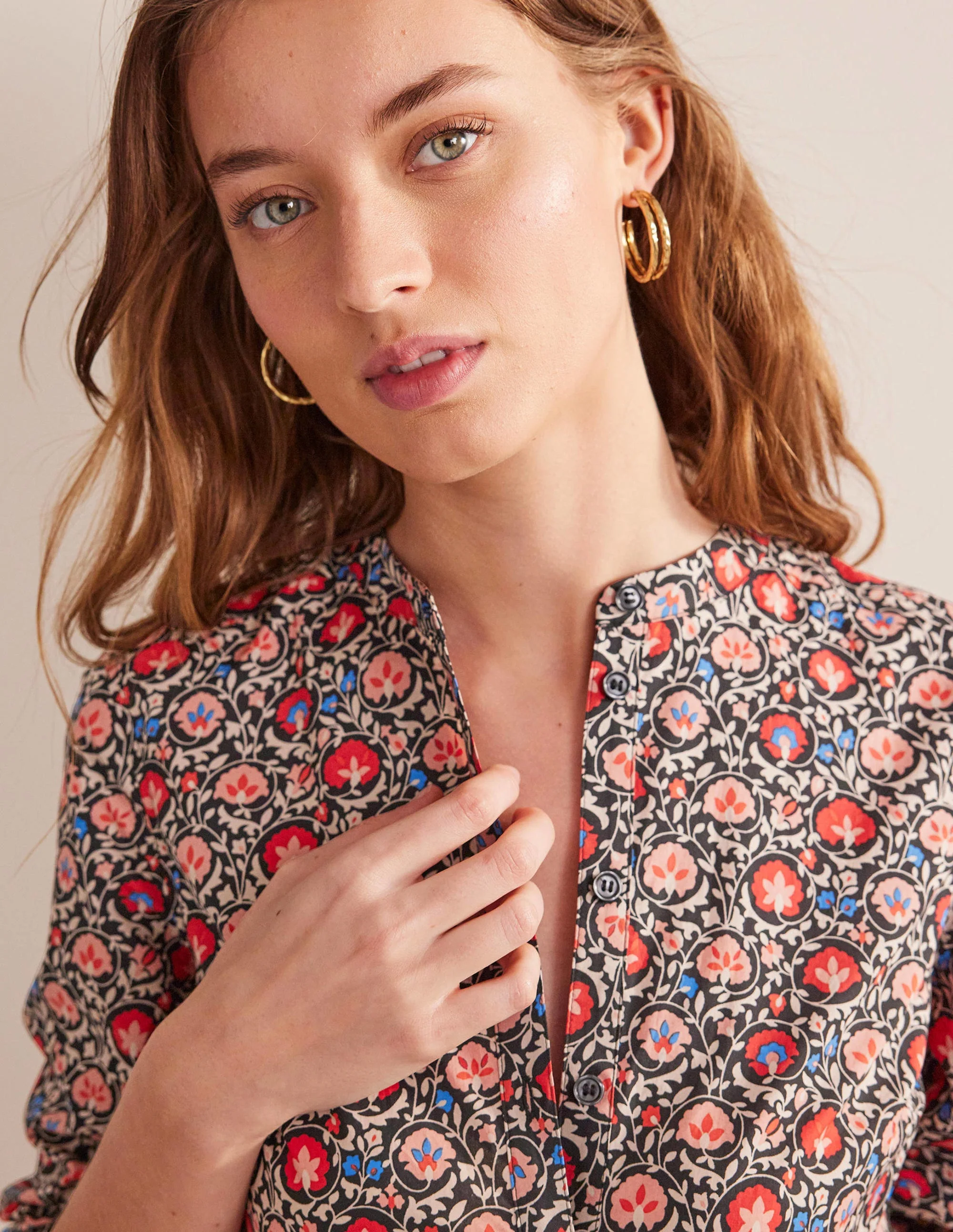Collarless Midi Shirt Dress-Poinsettia, Enchanting Bloom - Image 2