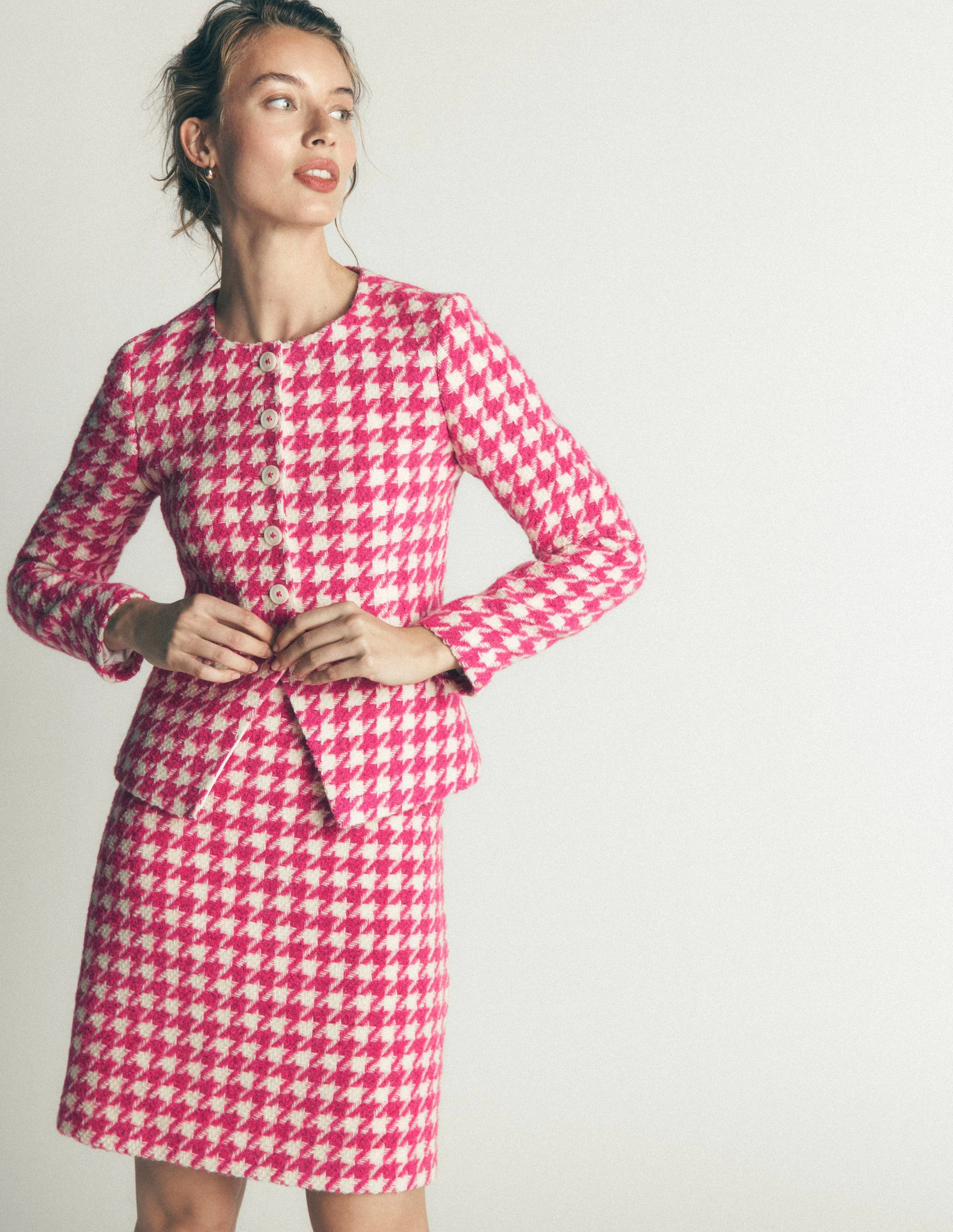 Collarless Wool Blend Blazer-Pink Dogstooth - Image 5