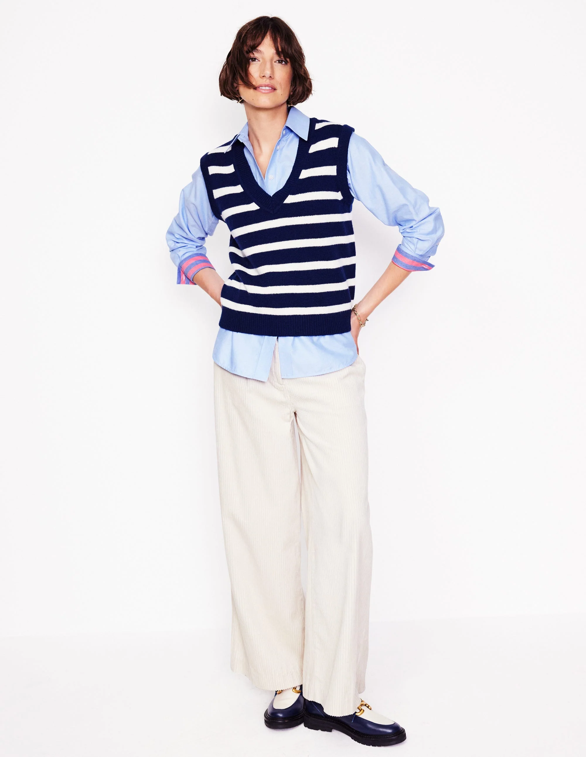 Connie Relaxed Cotton Shirt-Blue Oxford, Placement Stripe - Image 4