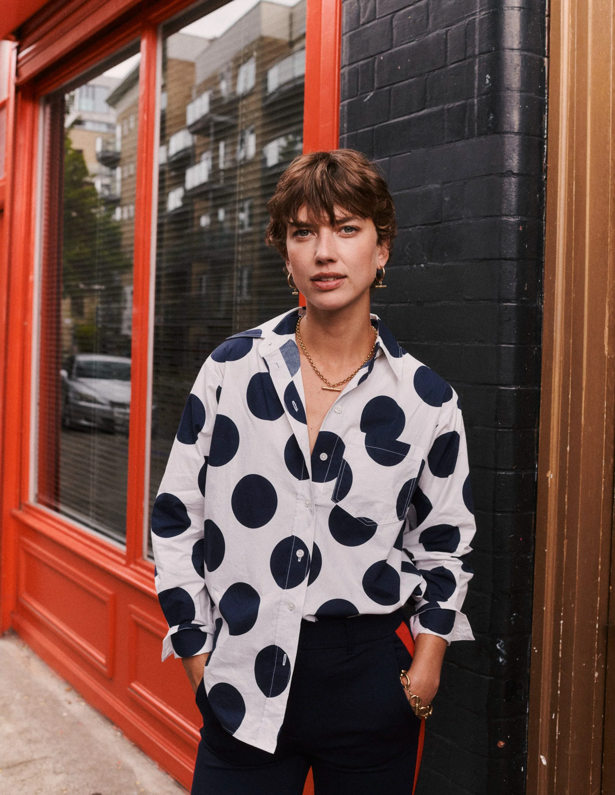 Connie Relaxed Cotton Shirt-French Navy, Orderly Spot - Image 7
