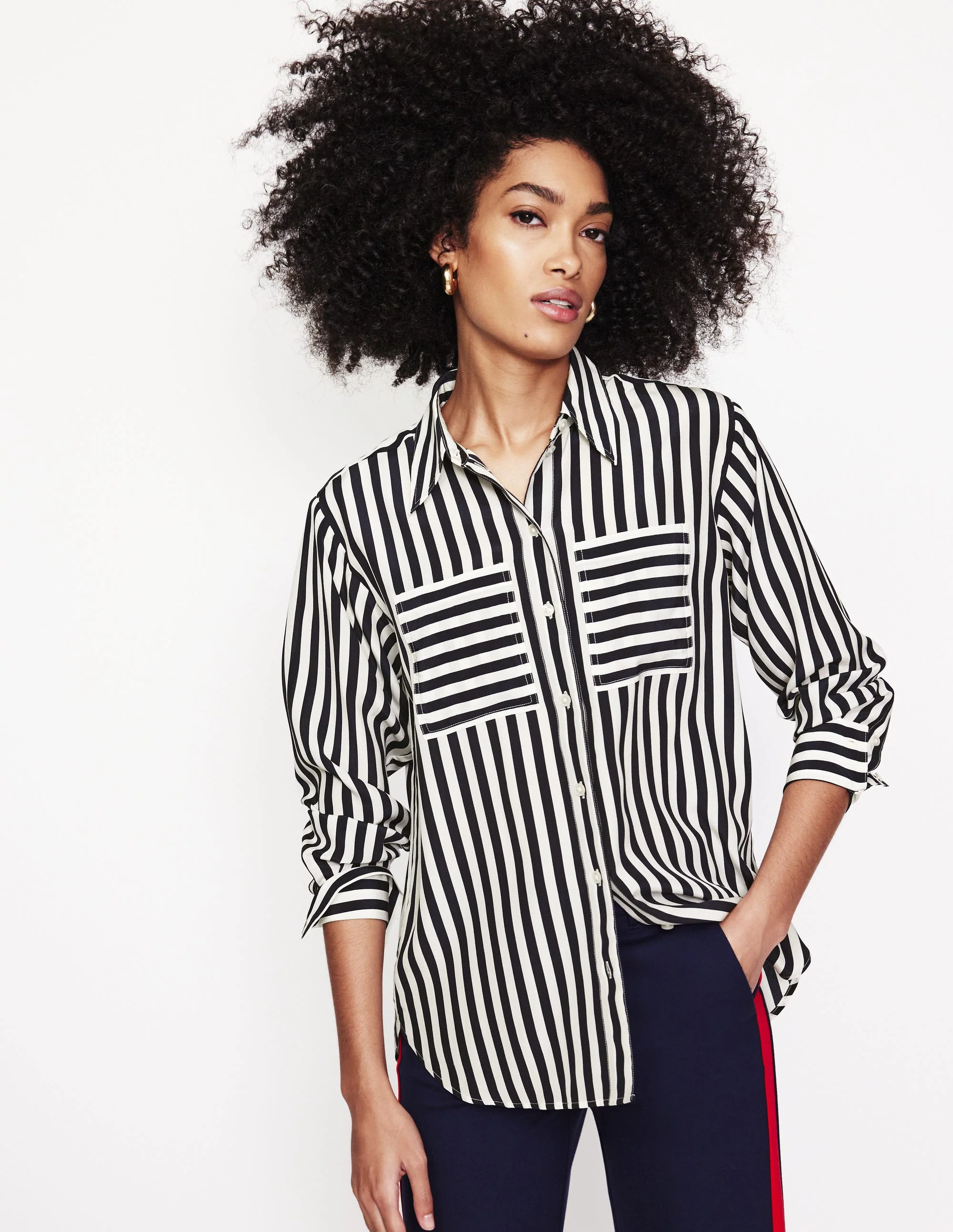 Connie Relaxed Silk Shirt-Navy Stripe - Image 5